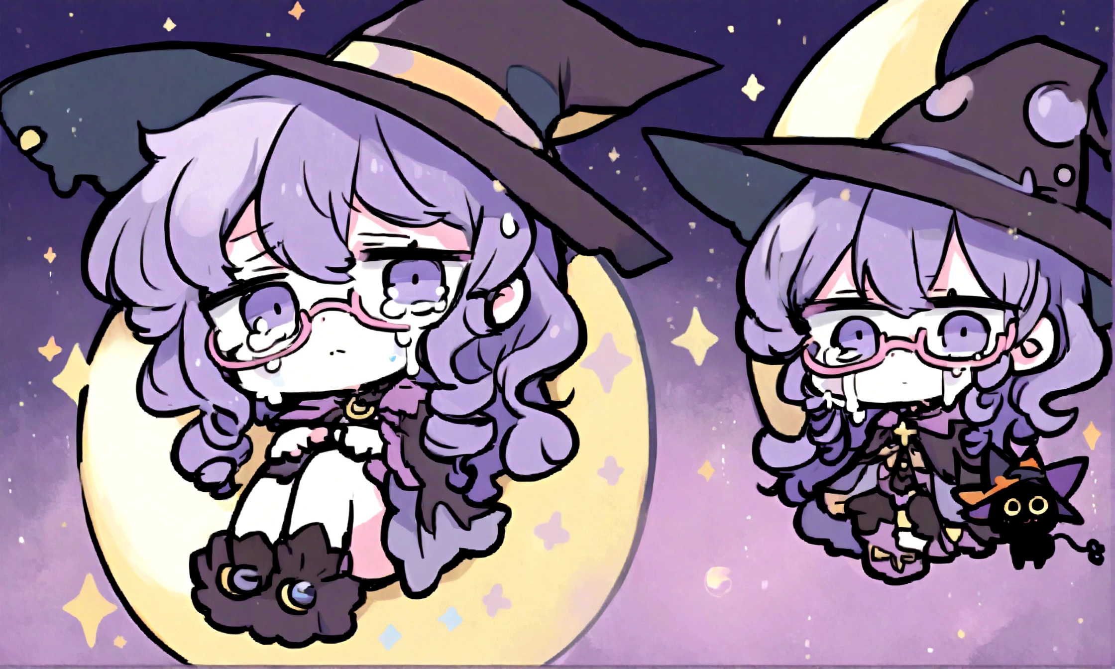 a sad little chibi witch with glasses on sitting on a crescent moon, has purple curly hair, is beautiful, gorgeous, perfect, crying, has a witches hat on, has a black cat