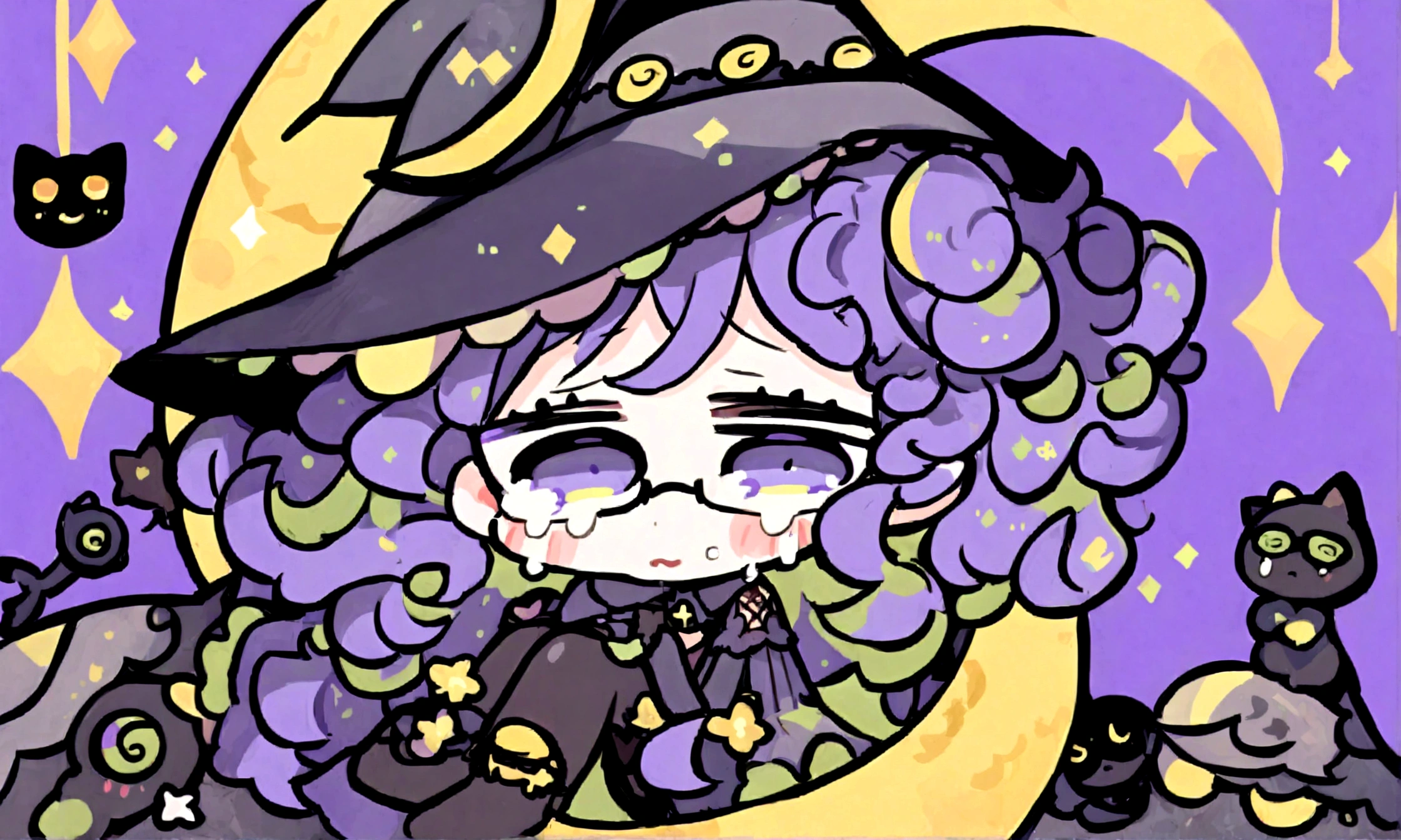 a sad little chibi witch with glasses on sitting on a crescent moon, has purple curly hair, is beautiful, gorgeous, perfect, crying, has a witches hat on, has a black cat