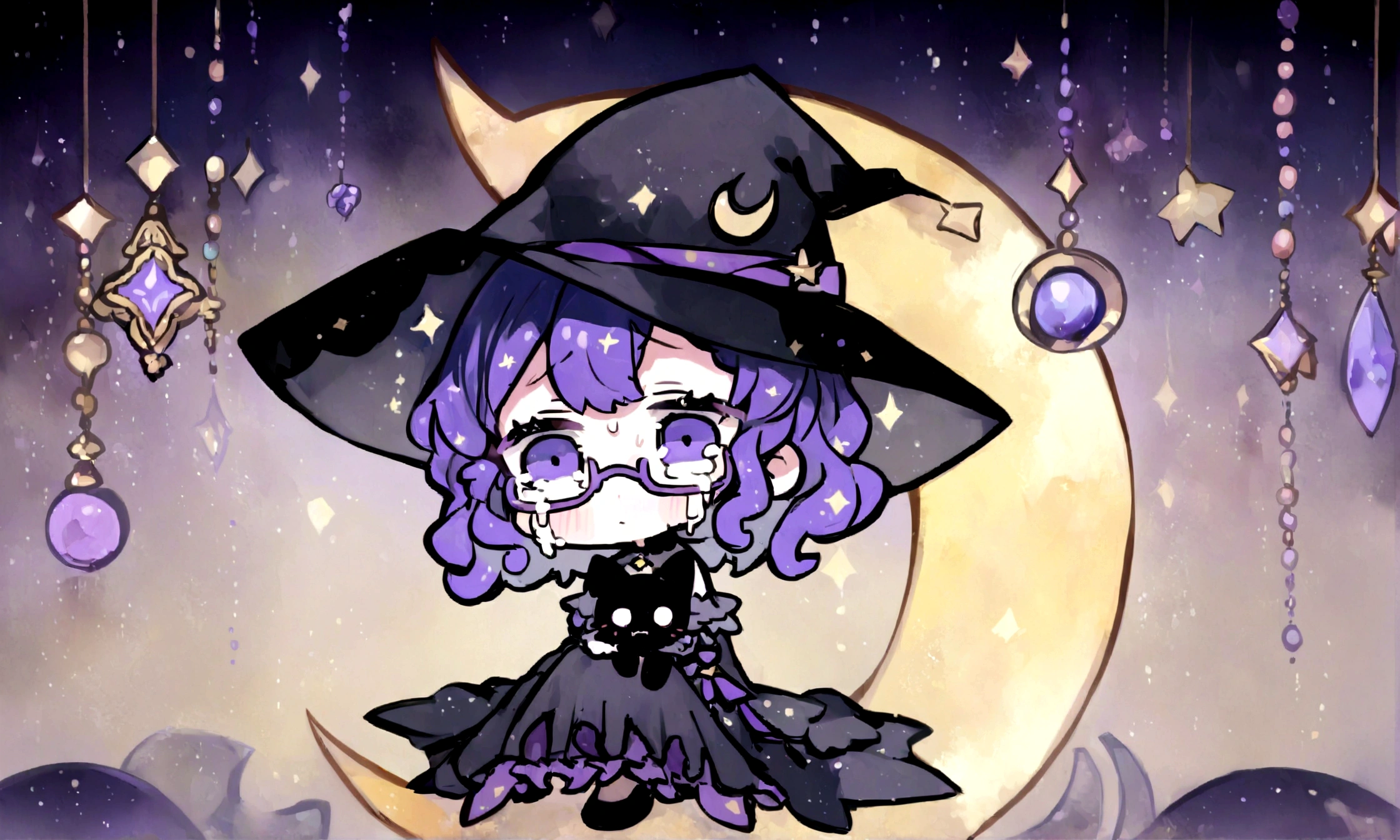 a sad little chibi witch with glasses on sitting on a crescent moon, has purple curly hair, is beautiful, gorgeous, perfect, crying, has a witches hat on, has a black cat