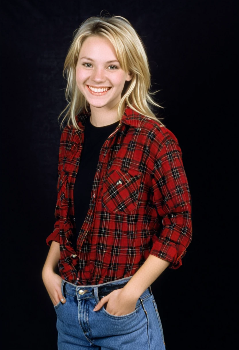 blonde twenty-five year old woman, red flannel shirt over a black tee, jeans, smiling, photorealistic, 1996, 90s, 150lbs, 1990s, studio portrait, blank flat background