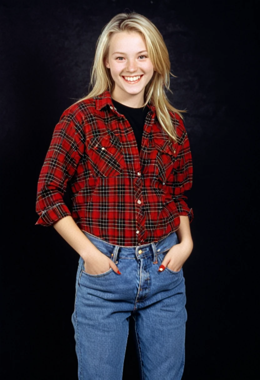 blonde twenty-five year old woman, red flannel shirt over a black tee, jeans, smiling, photorealistic, 1996, 90s, 150lbs, 1990s, studio portrait, blank flat background