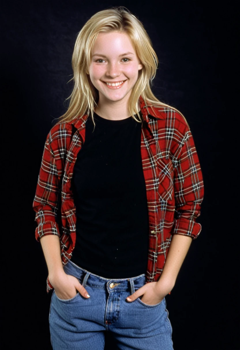 blonde twenty-five year old woman, red flannel shirt over a black tee, jeans, smiling, photorealistic, 1996, 90s, 150lbs, 1990s, studio portrait, blank flat background