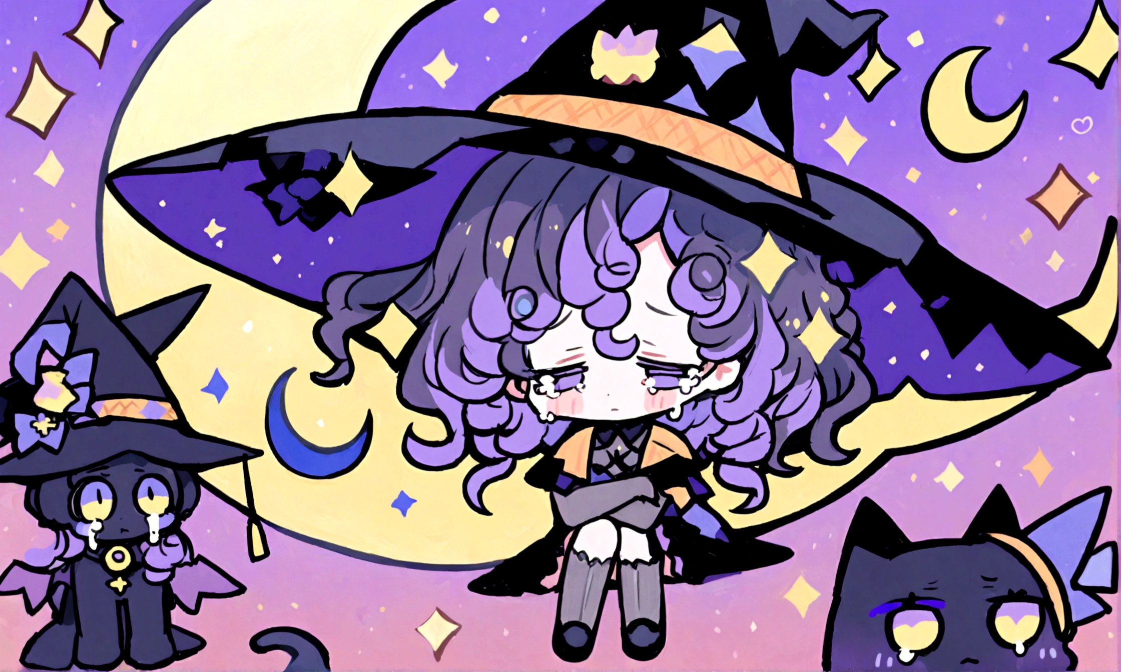 a sad little chibi witch with glasses on sitting on a crescent moon, has purple curly hair, is beautiful, gorgeous, perfect, crying, has a witches hat on, has a black cat