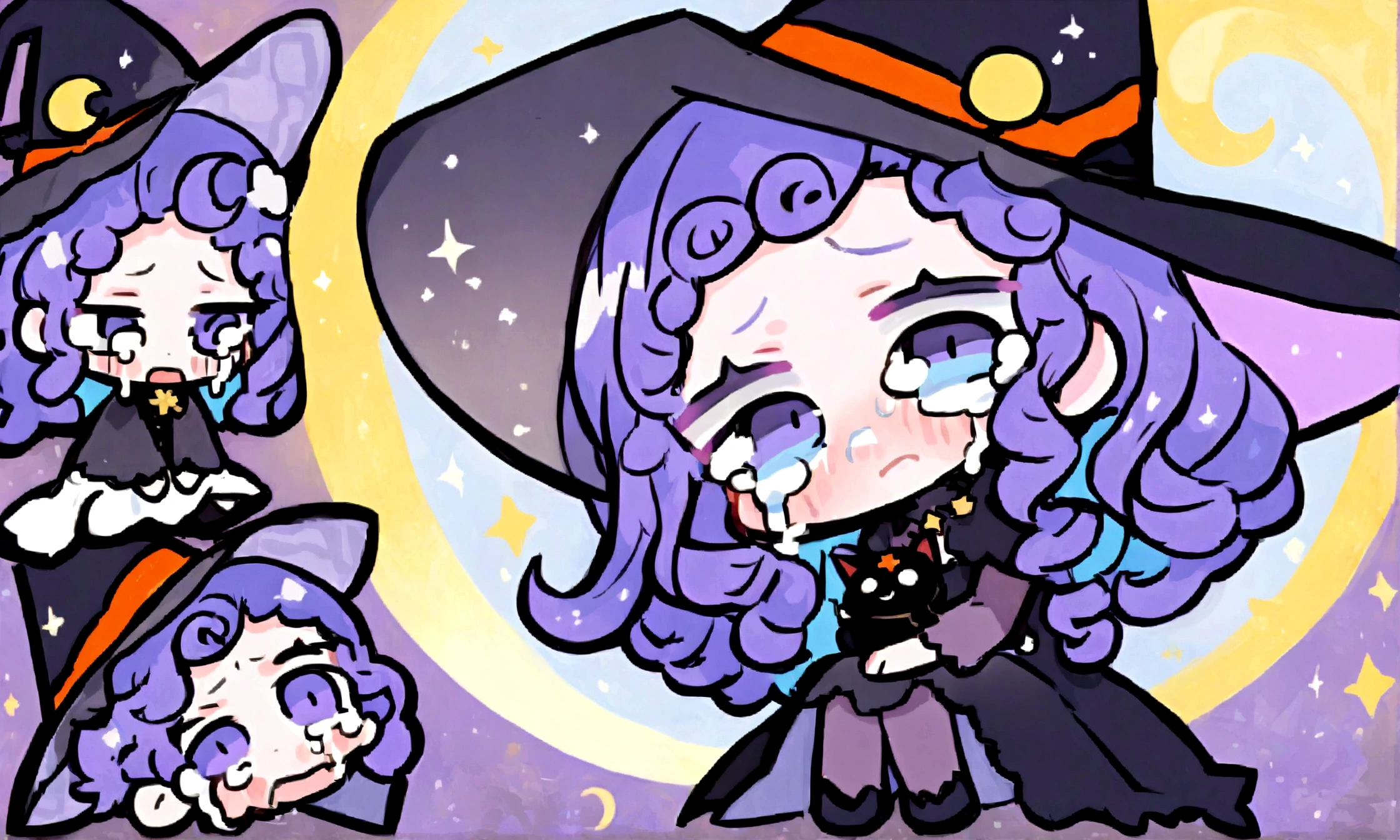 a sad little chibi witch with glasses on sitting on a crescent moon, has purple curly hair, is beautiful, gorgeous, perfect, crying, has a witches hat on, has a black cat