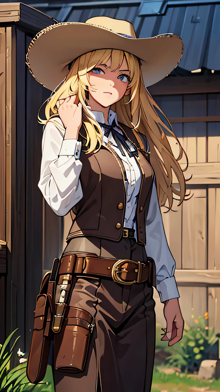 ((best quality)), ((masterpiece)), (detailed face and eyes), perfect face, accurate, textured skin, high details, highres, blonde hair, floating hair, Western, cowgirl, ten-gallon hat, Gunman, holster, pistol, 19th Century Wild West, Rocky Mountains, Wilderness