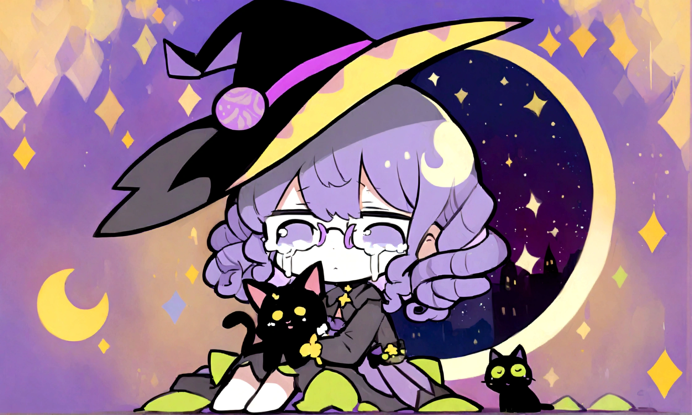 a sad little chibi witch with glasses on sitting on a crescent moon, has purple curly hair, is beautiful, gorgeous, perfect, crying, has a witches hat on, has a black cat