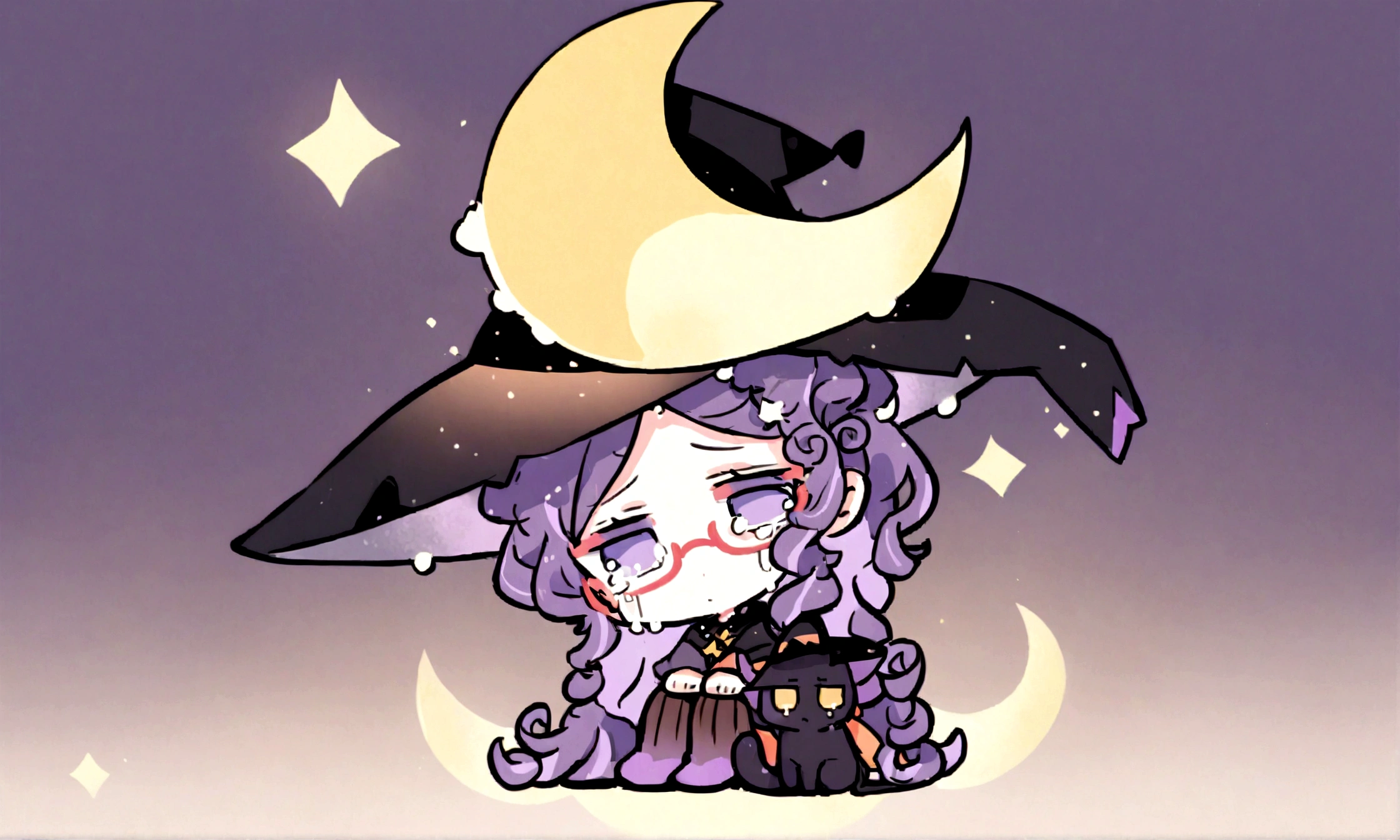 a sad little chibi witch with glasses on sitting on a crescent moon, has purple curly hair, is beautiful, gorgeous, perfect, crying, has a witches hat on, has a black cat