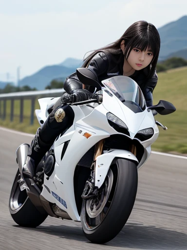 best quality, detailed, beautiful, insanely detailed, absurdres,perfect anatomy, white racer replica motorcycles speeding down the highway, (motion blur:1.2), Japanese female,black hair,27 years old, (slender), (small breasts),(super fucking beautiful),
