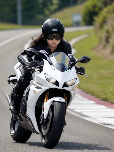 best quality, detailed, beautiful, insanely detailed, absurdres,perfect anatomy, white racer replica motorcycles speeding down the highway, (motion blur:1.2), Japanese female,black hair,27 years old, (slender), (small breasts),(super fucking beautiful),