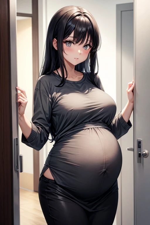 Grey blouse, pregnant anime girl, black hair, grey eyes, opening a door