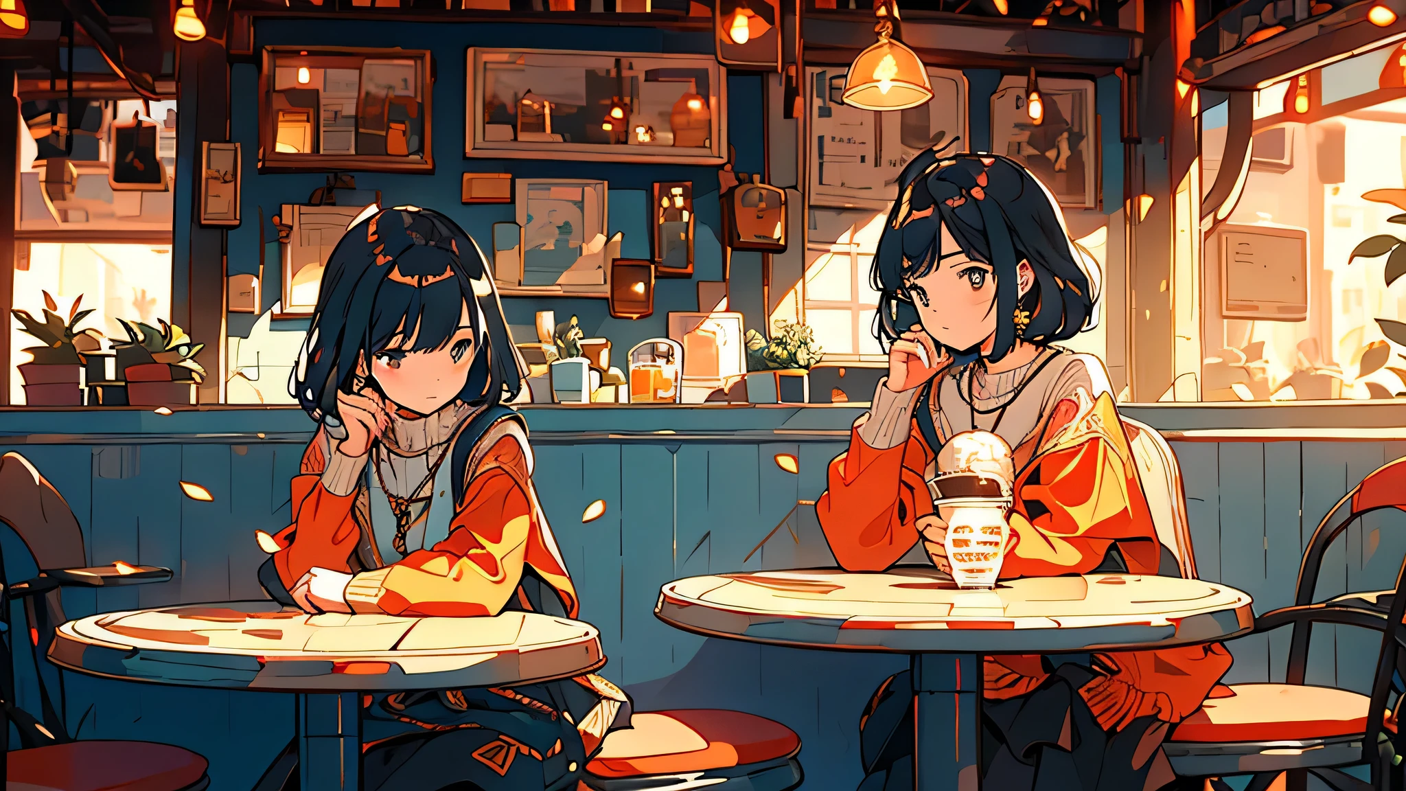 afternoon at a corner café, where a girl sits at a terrace table, engrossed in a book she holds in her hands. Surrounding her is the ambient vibe of the café, with mellow background music drifting through the air, her table sits a hot coffee, shelves nearby are lined with books, wears a calm expression, Dramatic Lighting, (Masterpiece:1.2), Top Quality, High Resolution, Beautiful Details, Highly Detailed, Perfect Lighting
