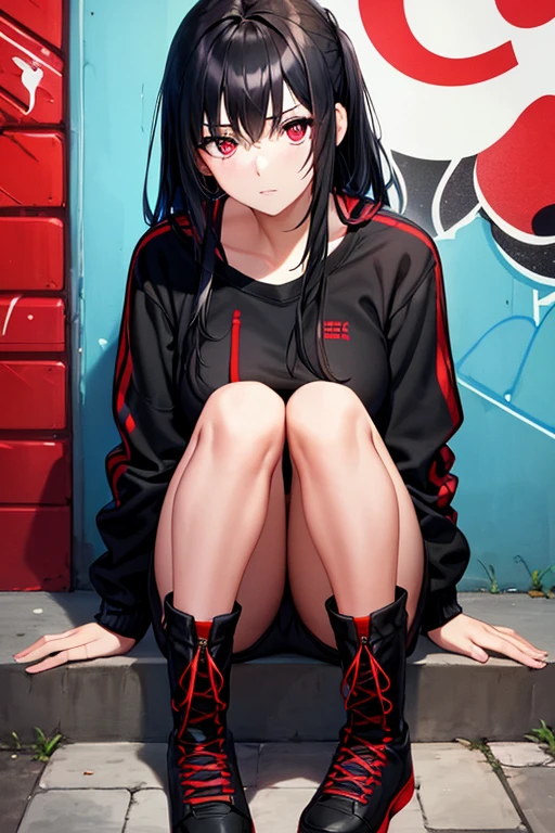 masterpiece, a high resolution, screenshot, Best quality, 1 woman, maximum details, black hair, beautiful eyes, clear eyes, stern look, red pupil in eyes, sitting near the wall, which depicts graffiti, black sweatshirt, black boots, blue laces, black sweatpants with red stripes