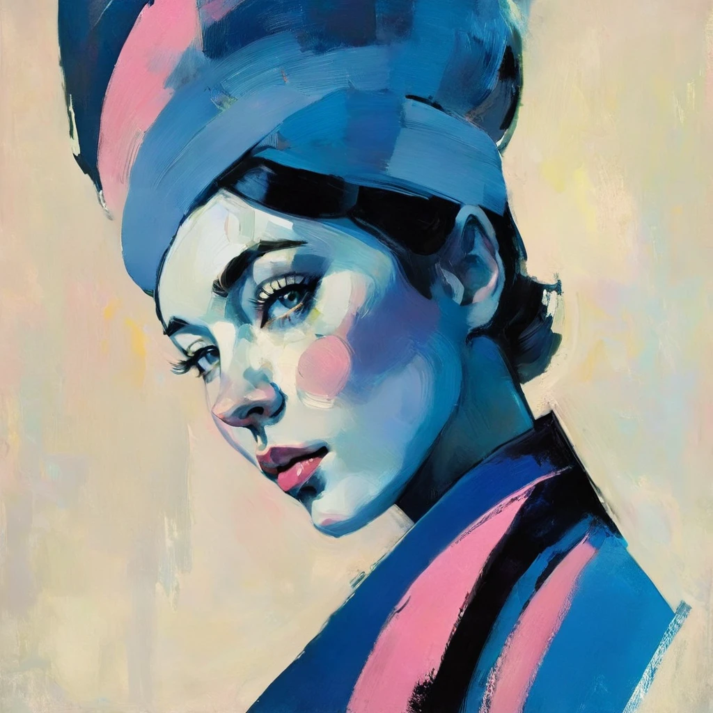 Create a contemporary portrait of a person in the expressive and painterly style of Malcolm Liepke, utilizing a palette of light pink, muted blue, dark grayish blue, bright blue, very dark gray, and light grayish blue. The portrait should feature a close-up of the subject's face with strong, dynamic brushstrokes and a focus on capturing the depth and texture characteristic of Liepke's work. Use light pink and bright blue for the highlights and vibrant areas, while employing muted blue, dark grayish blue, very dark gray, and light grayish blue to create shadows and depth. Ensure the background complements the portrait with subtle variations of the same color palette, evoking a sense of modern elegance and emotional intensity
