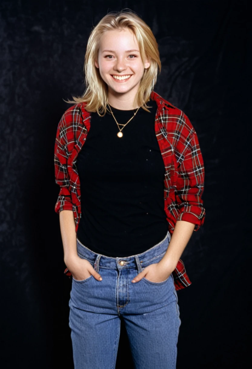 blonde twenty-five year old woman, red flannel shirt over a black tee, jeans, smiling, photorealistic, 1996, 90s, 160lbs, 1990s, studio portrait, blank flat background