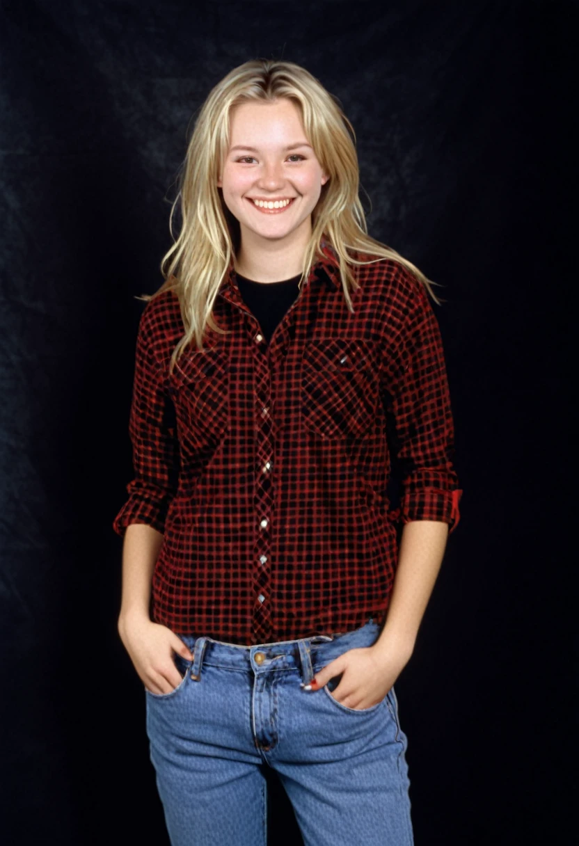 blonde twenty-five year old woman, red flannel shirt over a black tee, jeans, smiling, photorealistic, 1996, 90s, 160lbs, 1990s, studio portrait, blank flat background