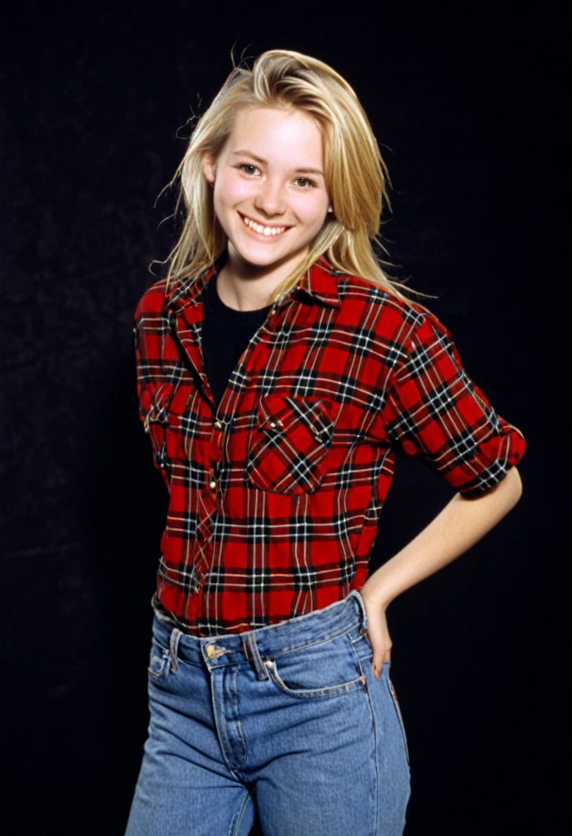 blonde twenty-five year old woman, red flannel shirt over a black tee, jeans, smiling, photorealistic, 1996, 90s, 160lbs, 1990s, studio portrait, blank flat background