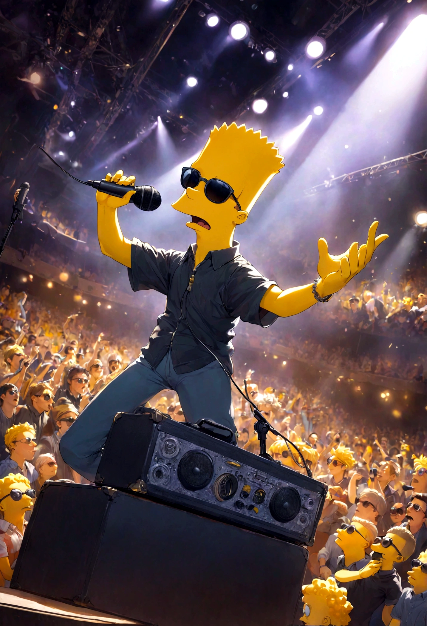 1boy, Bart Simpson, black sunglasses, stage, sing, microphone, dynamic pose, best quality, masterpiece, very aesthetic, perfect composition, intricate details, ultra-detailed