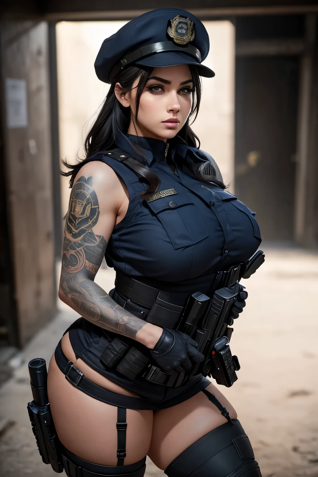 a sexy woman with large breasts,thick thighs,police uniform,tactical vest,combat boots,tattoos on her arms,cap,detailed face,beautiful eyes,beautiful lips,high quality,realistic,photorealistic,hyper detailed,ultra detailed,masterpiece,8k,cinematic lighting,dramatic lighting,chiaroscuro,moody atmosphere,dramatic colors,vibrant colors,rich colors