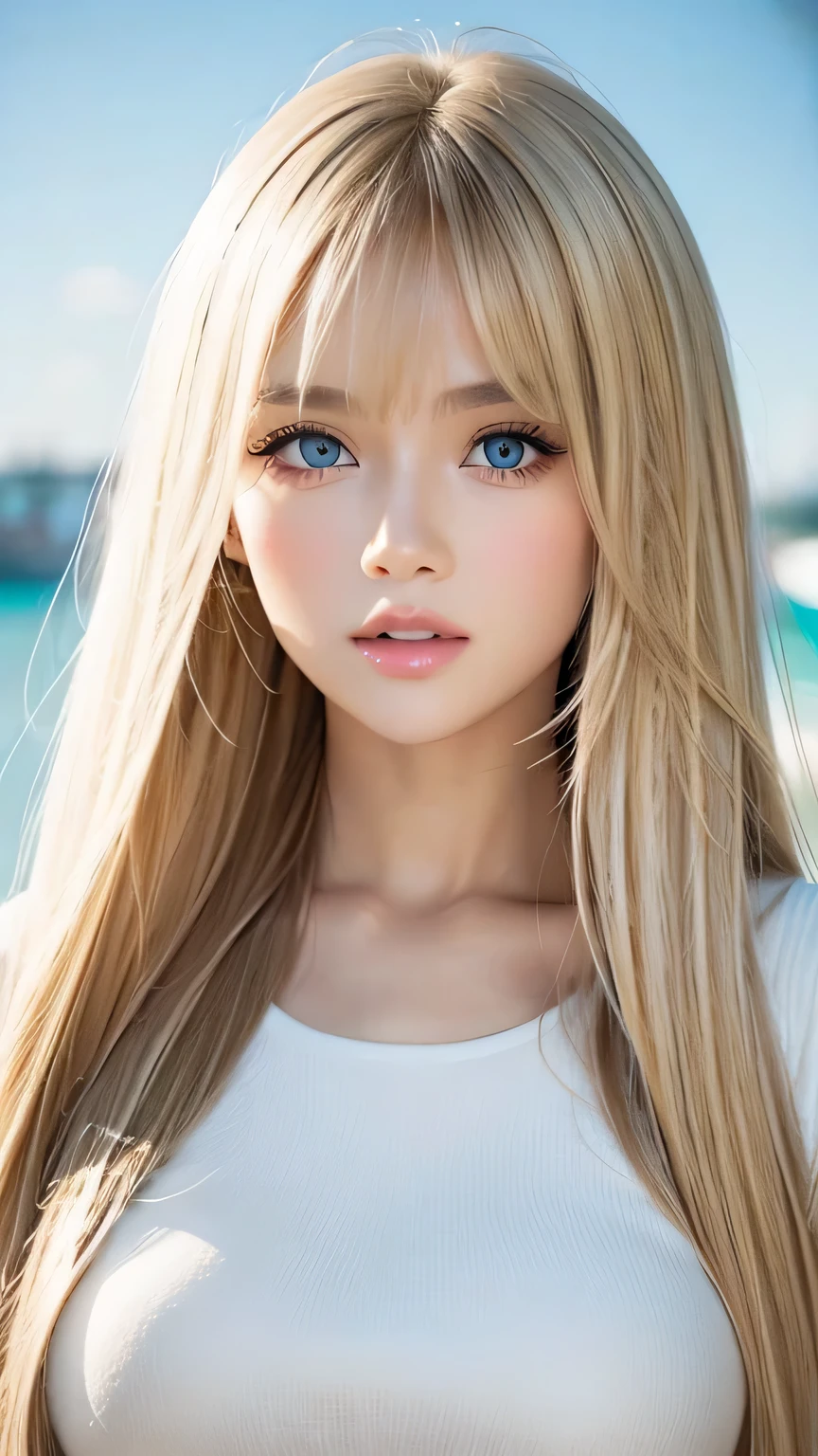 True Photo Quality、Extraordinary sexy beauty、Beautiful calm and bright expression、Sexy refreshing look、Long bangs that fall on a perfect beautiful cute face、Super long platinum blonde straight silky hair、blonde on a beautiful face、Very cute beautiful sexy young little woman、Very perfect beautiful cute face、Beautiful bright sky blue eyes、Very big eyes、Hair above the eyes、片Hair above the eyes、Hair between the eyes、Very radiant white skin、Cheek gloss