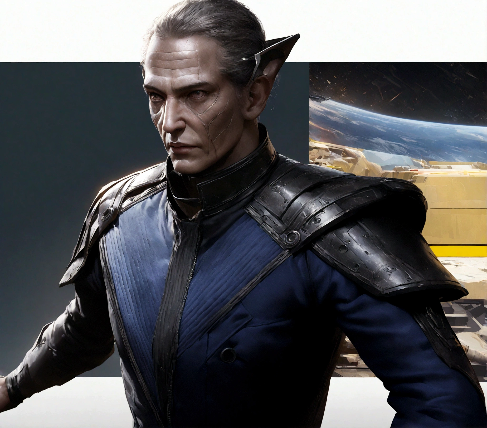 a grey uniform, right shoulder pad in yellow, Mass Effect style, futuristic space fleet uniform, futuristic uniform, 1person, detailed face, detailed eyes, detailed facial features, highly detailed, digital painting, concept art, cinematic lighting, dramatic lighting, photorealistic, 8k, high quality, best quality, hyper detailed, incredibly detailed, extremely detailed, intricate details, amazing details, rich details, lifelike, realistic, hyper realistic, detailed textures, studio lighting, physically based rendering, volumetric lighting, vibrant colors, cinematic composition, cinematic atmosphere, epic scale, heroic pose, dynamic pose, imposing presence, imposing figure, striking pose, powerful presence