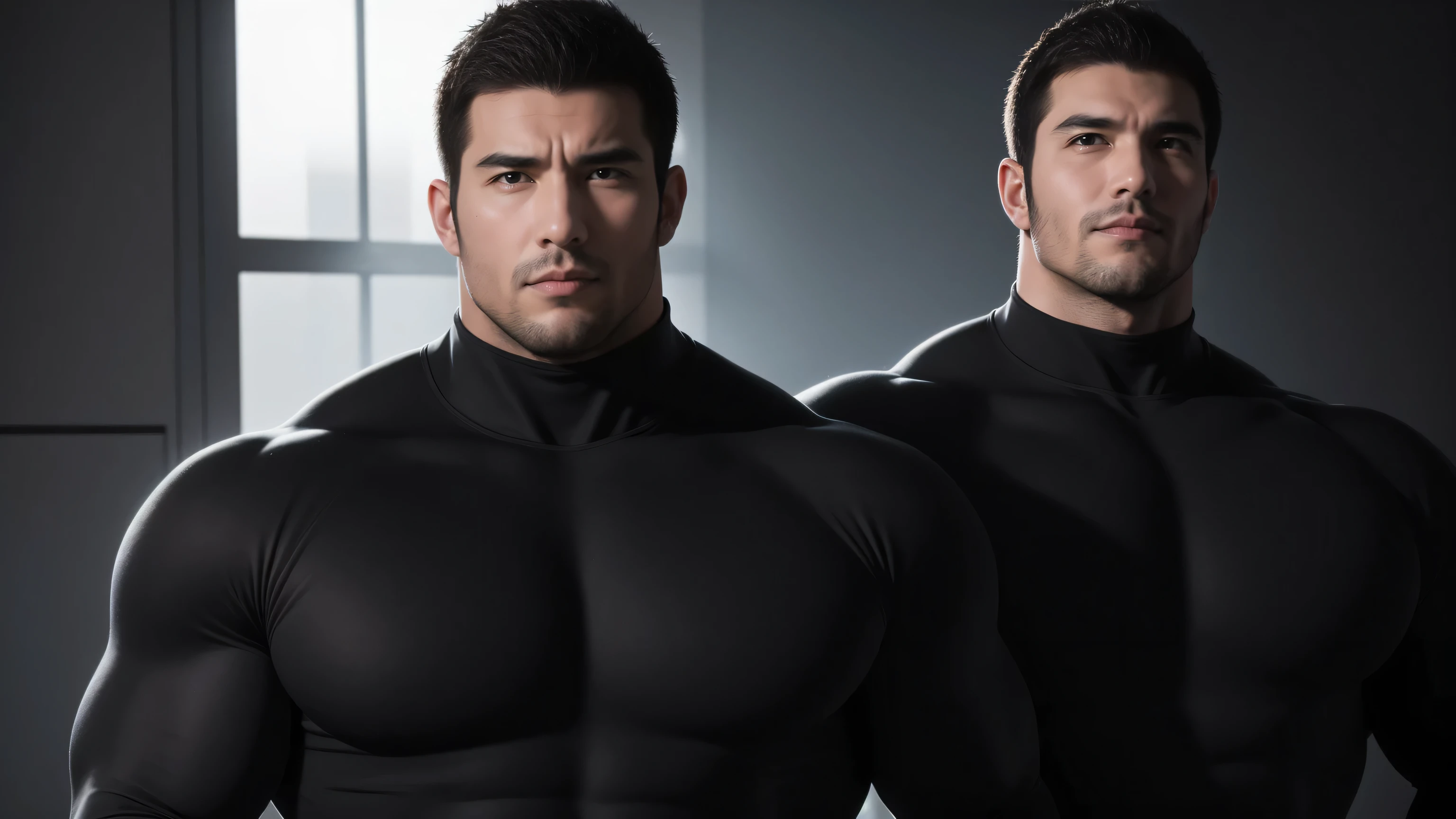 Super muscular man hugging and kissing, Open mouth and scream,Look at each other affectionately,They hugged each other affectionately,Buzz Cut,In a luxurious and noble mansion, Wear a long-sleeved dark grey turtleneck tights, Thickened warm elastic texture,Clothes are very dirty with mud stains,The expression is arrogant, Thick thighs, Messy hair, Thick thighs, High collar long sleeve dark grey turtleneck tights, very tight, Regular symmetrical pattern, Highlight muscles, Police uniform pants, character concept(Resident Evil - Chris Redfield, Chris Redfield)A proud expression, Deep and charming eyes, Heroic male pose, tall Burly, muscular!muscular thighs, tough guy, perfect facial features, High, Burly, Heqiang, Super polished and cool, High Resolution Committee, Charismatic, The sun shines through the customers