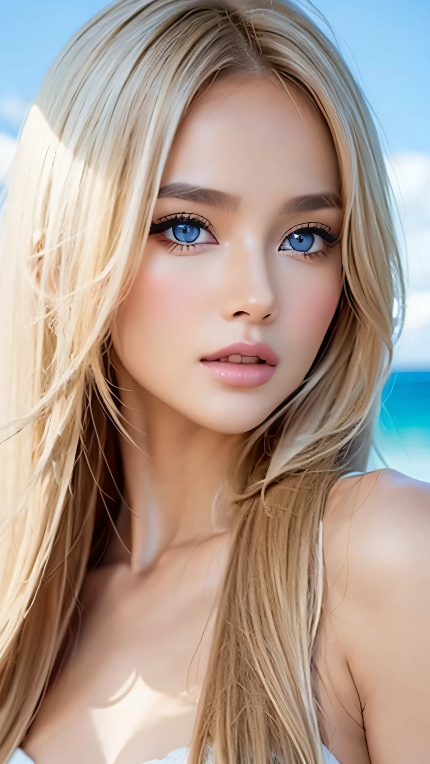 True Photo Quality、Extraordinary sexy beauty、Beautiful calm and bright expression、Sexy refreshing look、Long bangs that fall on a perfect beautiful cute face、Super long platinum blonde straight silky hair、blonde on a beautiful face、Very cute beautiful sexy young little woman、Very perfect beautiful cute face、Beautiful bright sky blue eyes、Very big eyes、Hair above the eyes、片Hair above the eyes、Hair between the eyes、Very radiant white skin、Cheek gloss