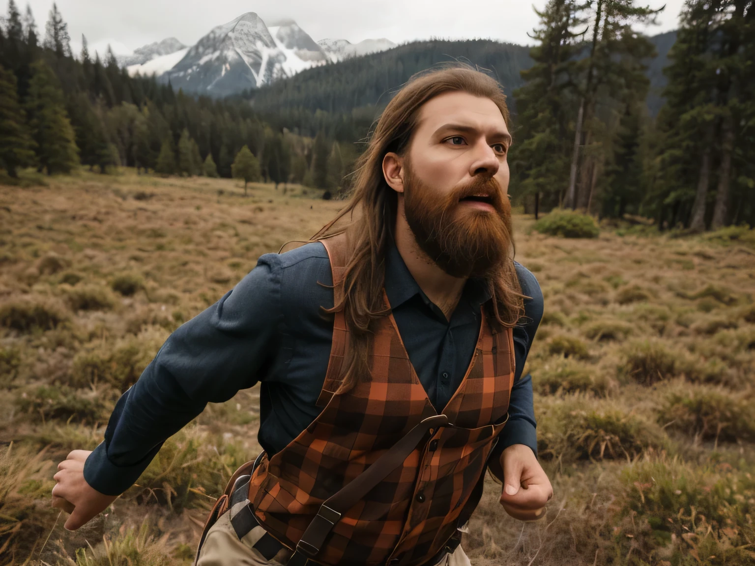 a lumbar jack man with long orange/brown hair and a long beard, wearing a plaid shirt and suspenders, frantically running through a pacific northwest landscape with a frightened expression, out of breath, hyperrealistic, detailed facial features, detailed body hair, detailed background, photorealistic, highly detailed, 8k, hyper realistic, natural lighting, cinematic composition, scary atmosphere