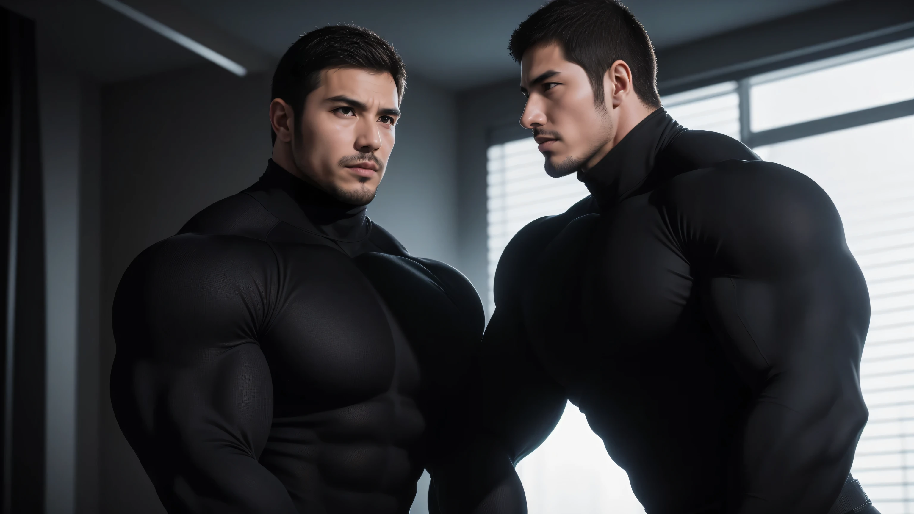 Super muscular man hugging and kissing, Open mouth and scream,Look at each other affectionately,They hugged each other affectionately,Buzz Cut,In a luxurious and noble mansion, Wear a long-sleeved dark grey turtleneck tights, Thickened warm elastic texture,Clothes are very dirty with mud stains,The expression is arrogant, Thick thighs, Messy hair, Thick thighs, High collar long sleeve dark grey turtleneck tights, very tight, Regular symmetrical pattern, Highlight muscles, Police uniform pants, character concept(Resident Evil - Chris Redfield, Chris Redfield)A proud expression, Deep and charming eyes, Heroic male pose, tall Burly, muscular!muscular thighs, tough guy, perfect facial features, High, Burly, Heqiang, Super polished and cool, High Resolution Committee, Charismatic, The sun shines through the customers