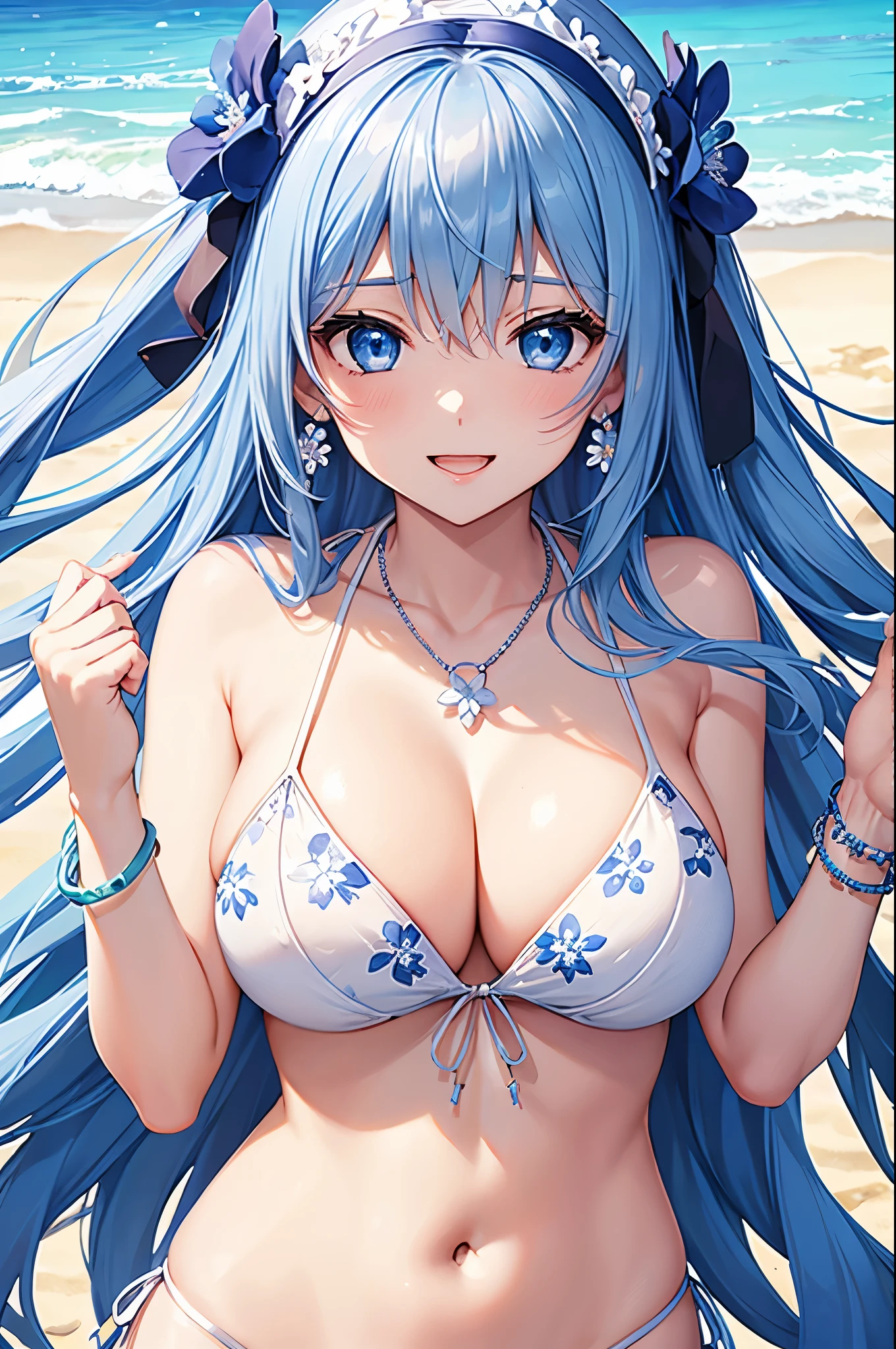 highest quality、highest quality、masterpiece、beautiful girl、Navy blue long hair、blue eyes、(Sexy white floral bikini:1.3)、Big cleavage、(Big Breasts)、smile、blue necklace、Blue Earrings、background(Beach)、Please open your mouth wide、White headband、bracelet、Dynamic pose