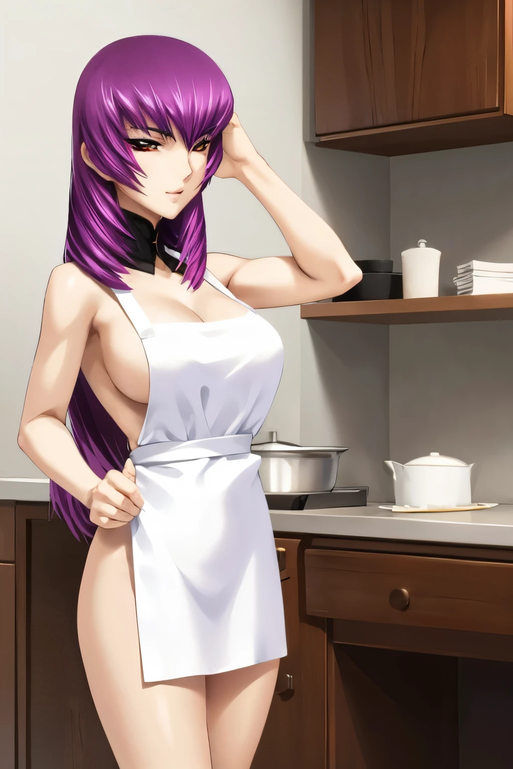 Naked girl with violet hair and red eyes, wearing a tight white cooking apron, washing dishes in the kitchen