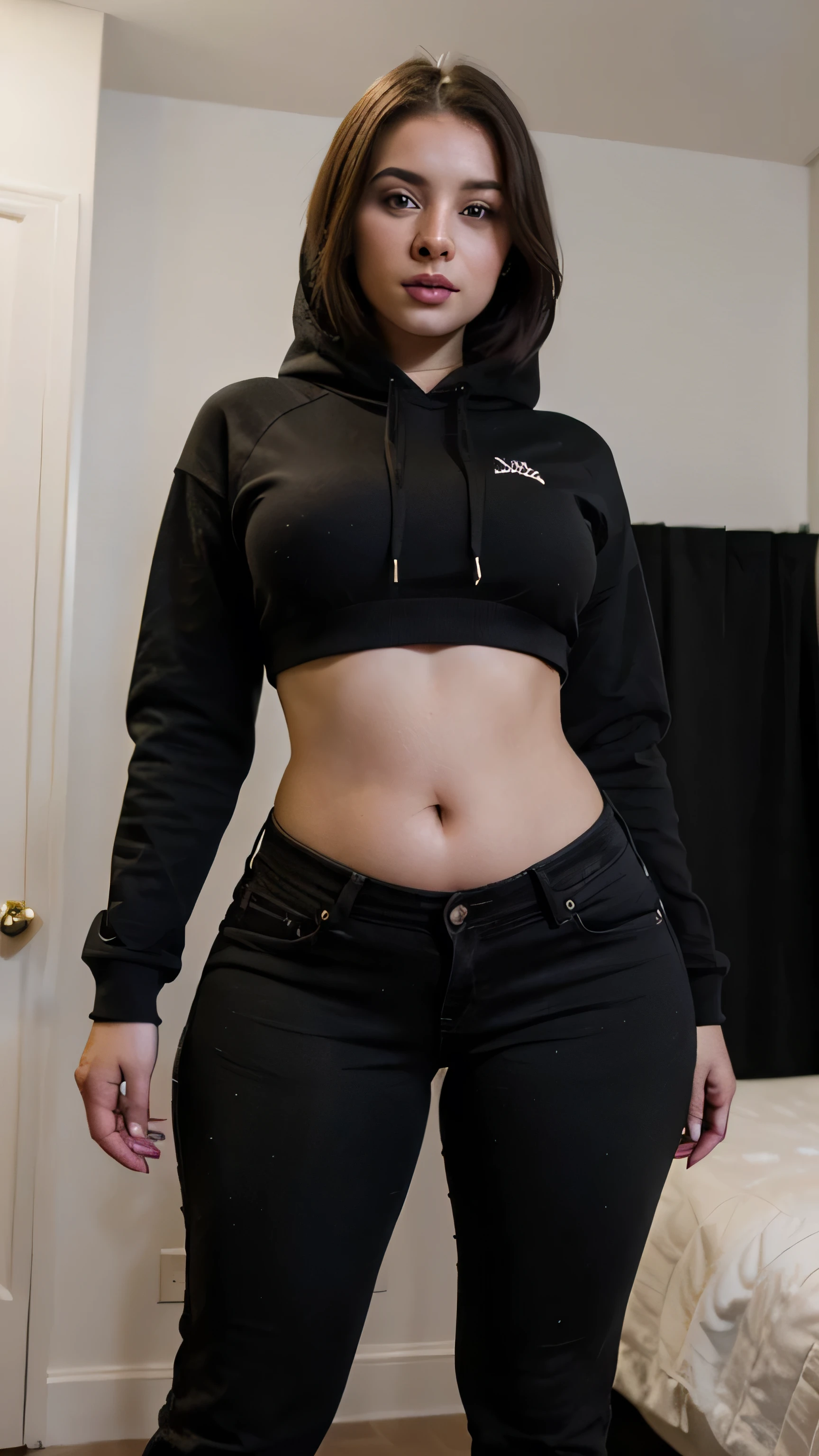 (Realistic), image of a girl with a perfect hourglass body curve, 36 inches at the bust and the hip and 24 inches at the waist, round perfect bust, curvy body,  round sexy waist, in a black hoodie with black jeans