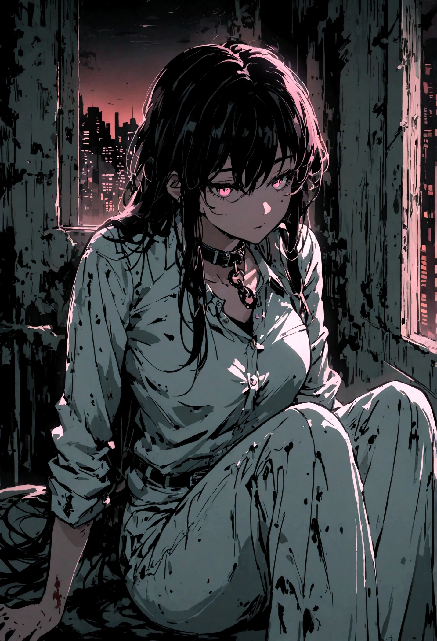 a woman drawn in anime style, black shoulder length hair, a black button up undershirt with no jacket half the buttons unbottuned showing part of her small all with smal blood stains here and there but not any sign of injury, white suit pants also with bloodstains here and there, a collar looking somehwat reminicent of a belt around her throat with a chain connecting to it ledding away, she is sitting leaning her back against a bed with a window in the backround looking out on the city at night