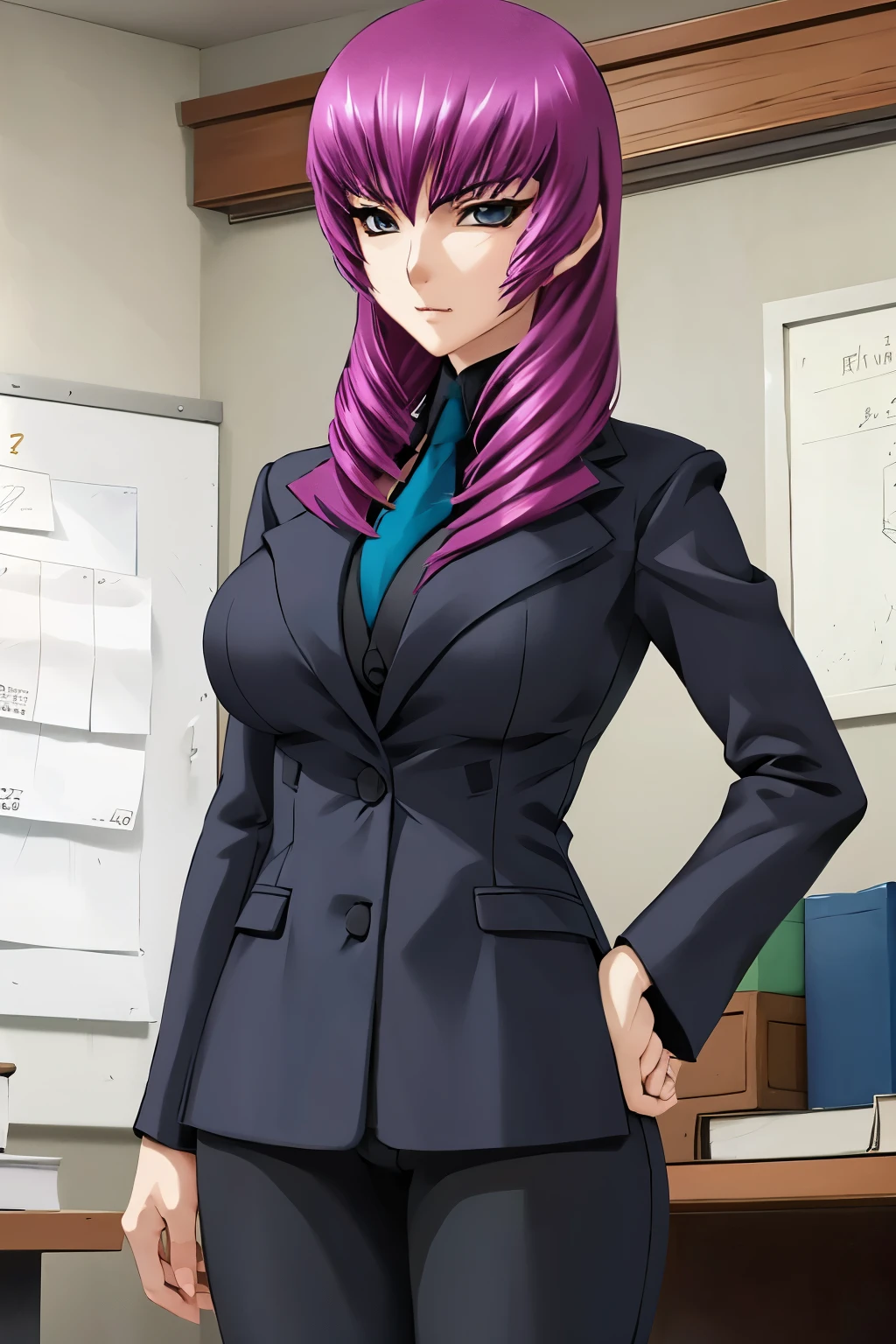 anime - style image of a woman in a business suit with a pink background, wearing a strict business suit, seductive anime girl, business woman, attractive anime girl, well - dressed, girl in a suit, cleavage, wearing business suit, oppai, wearing a business suit, revealing clothes, wearing a blouse, in a business suit