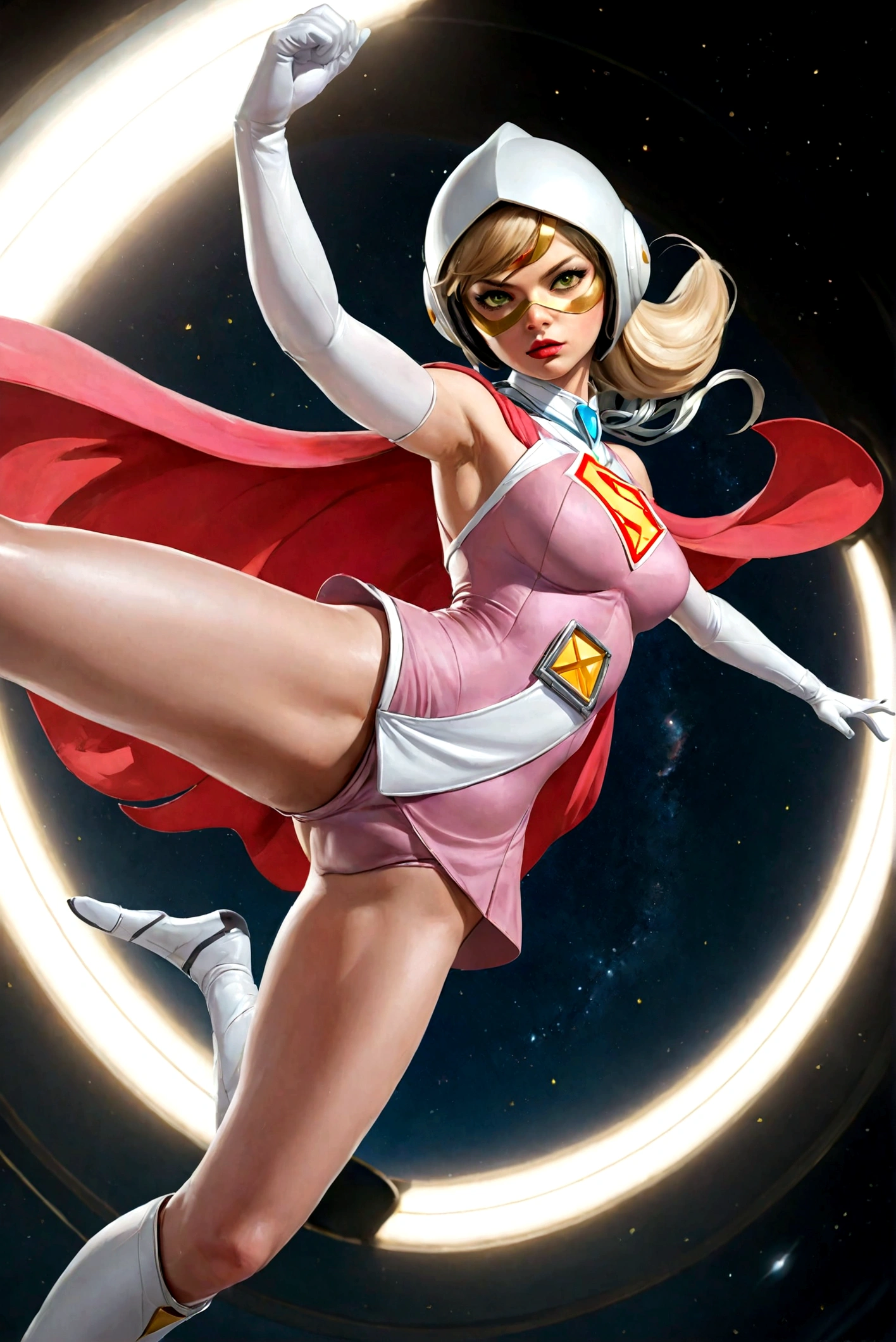 25yo,1girl, Jun The Swan, gatchaman, wearing gatchaman costume, good ???????, masterpiece, best quality, realistic, hyperrealistic, 16k hdr, long hair, green eyes, lips, ?????????????, lipstick, makeup, cape, swan image helmet, hornless, belt, elbow gloves, white gloves, mask, ultra miniskirt, leotard, spacesuit, white legwear, pink dress, superhero, ????????,(fighting pose,kicking:1.3),from below,(???????????:1.1), space ship, hand up,