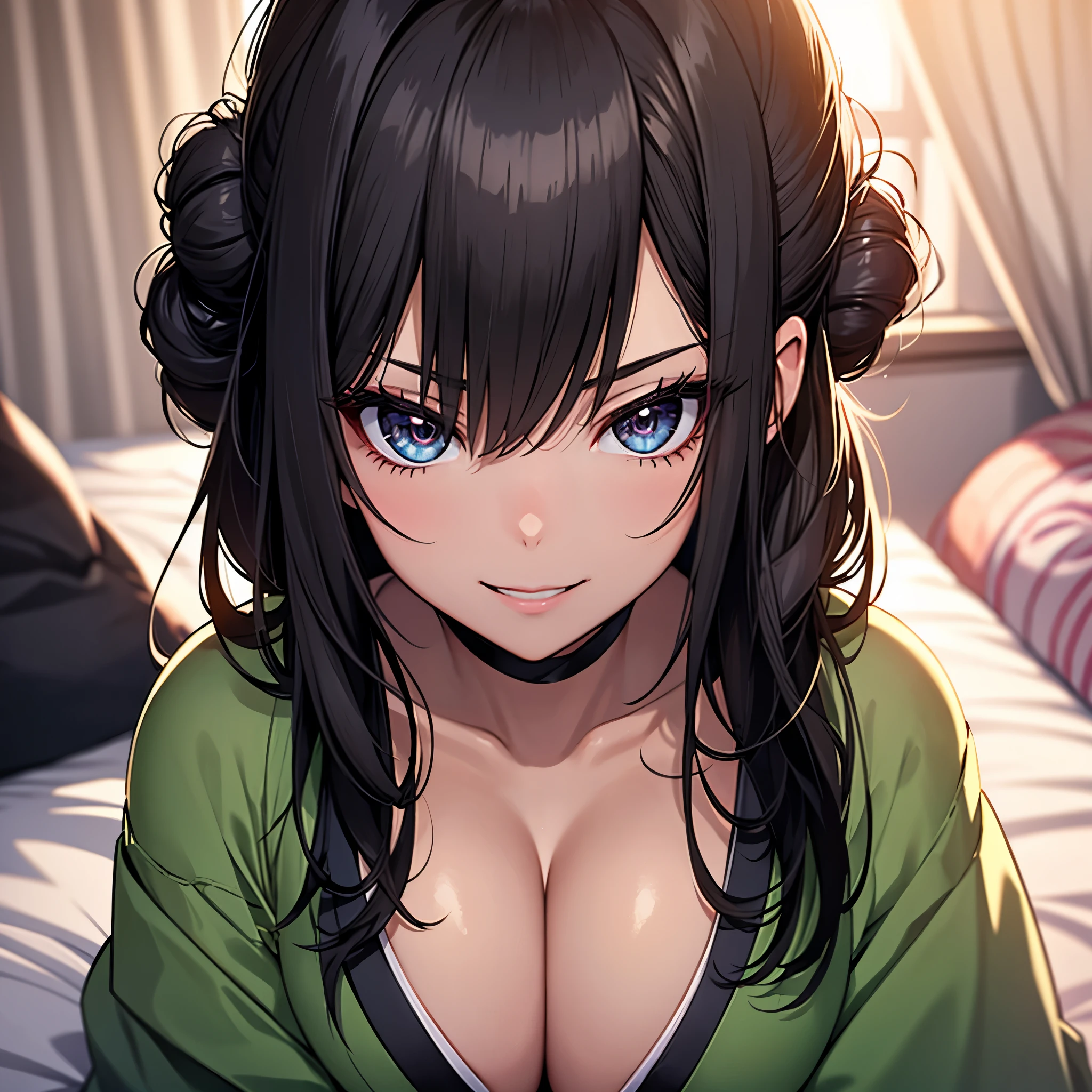 (1girl:1.3), Masterpiece, Best quality, amazing beauty, [[3D]], 4K, absurdres, finely detail, super detailed eye, perfect anatomy, official art, cinematic lighting, BREAK, Japanese bedroom, hair bun, black hair, super shiny detailed black eyes, big eyes, tareme, cute eyes, thin eyebrow, Staring, open-mouth, thin lips, smirk, mascara, rouge, Eyeliner, pink lips, smile, BREAK, huge breasts, tall, slim, tanlines, (lying on bed:1.3), shoot from above, BREAK ,(green kimono:1.2), Cleavage is visible, 35mm lens f/1