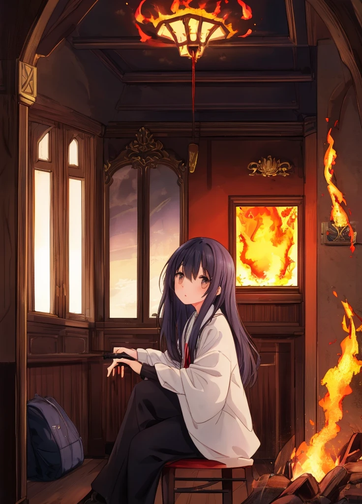 (thisisfine:1.3), (fire eveywhere:1.1), (smoke:1.0), (room full of fire:1.3), sitting on chair, (1girl:1.3)