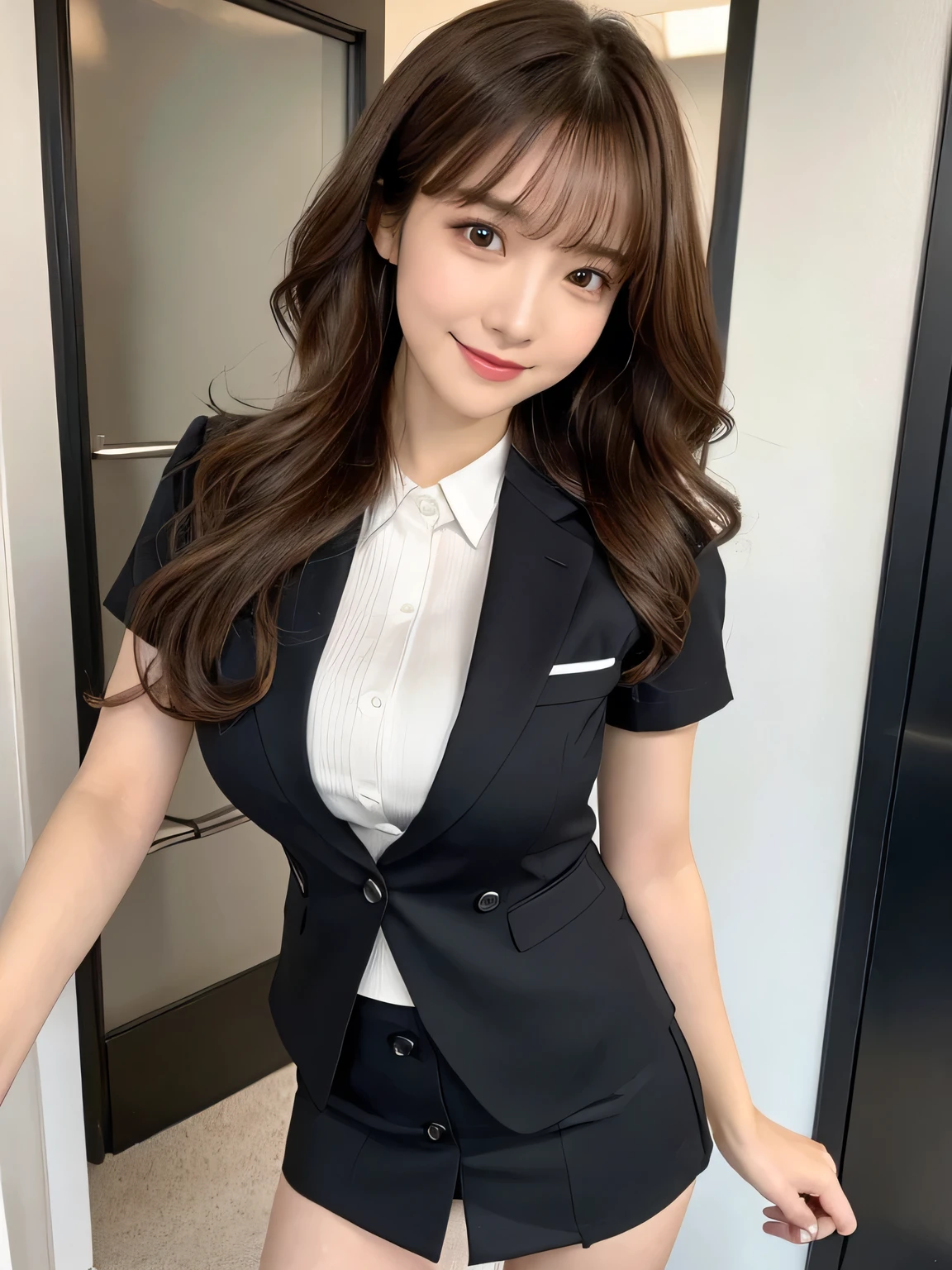 Realistic:1.2,masterpiece,highest quality，98k,((One Woman)),20-year-old,Japanese women、Tight waist,Perfect Anatomy, Brown Hair, Wavy Hair,Random Hairstyles,Big beautiful breasts,((Fully detailed face and eyes:1.2))((Cute Face:1.2))，Random Pause，smile、Black secretary suit、mini skirt、Full Body Shot,Natural Face