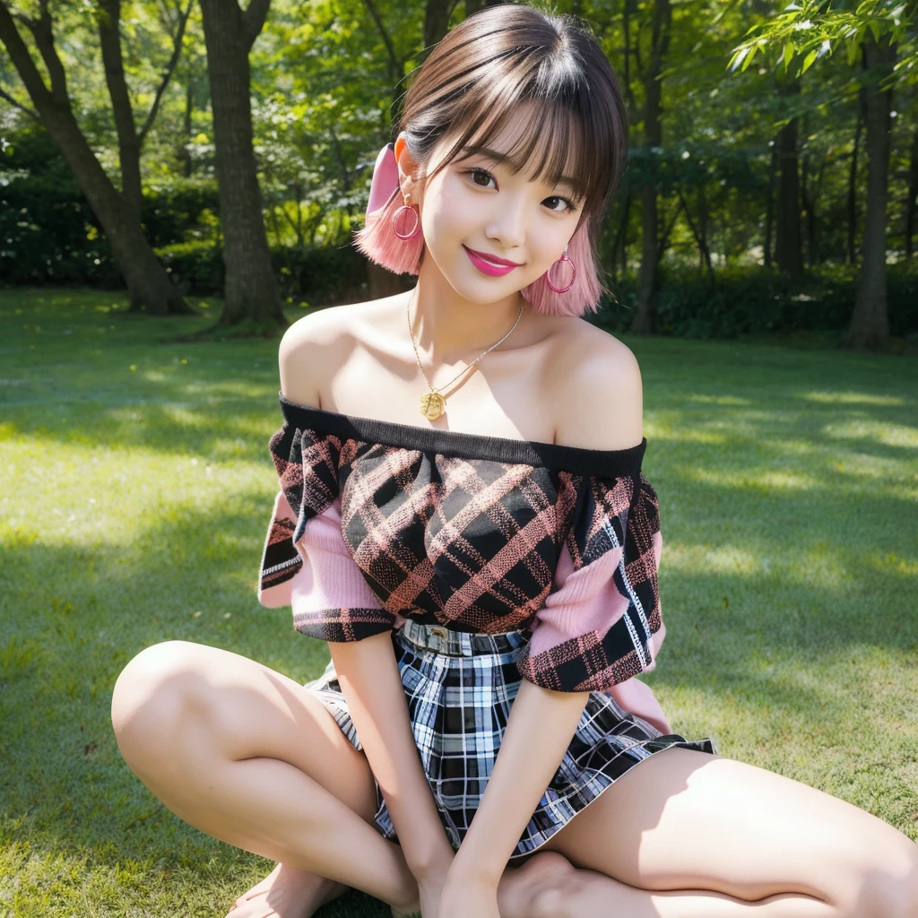 (8k, Photorealistic, Raw photo, Highest quality: 1.4),Japanese idol style１Beautiful girl of the person,18-year-old,Short bob hairstyle,Blackの髪,She has her hair tucked behind her ears,She has small earrings in her ears,Big, clear grey eyes,Long eyelashes,Plump Cheeks,(She is applying lipstick,(Pink :1.4)),Apply gloss over your lipstick for glossy, plump lips,Smiling,A short pendant is hanging around her neck.,両手の爪にBlackのマニキュアを塗っている,両足の爪にBlackのマニキュアを塗っている,(Wearing a summer knit on bare skin,(Off the shoulder,White :1.4)),I can see her cleavage(Wearing a pleated skirt,(Plaid,Black :1.5)),(barefoot),(On the grass under the tree in the park),(sit,(Knee Up,Spread your legs)),(place your hands between your legs),She is surrounded by the gentle sunlight filtering through the trees.,Angle from the front,Full body portrait
