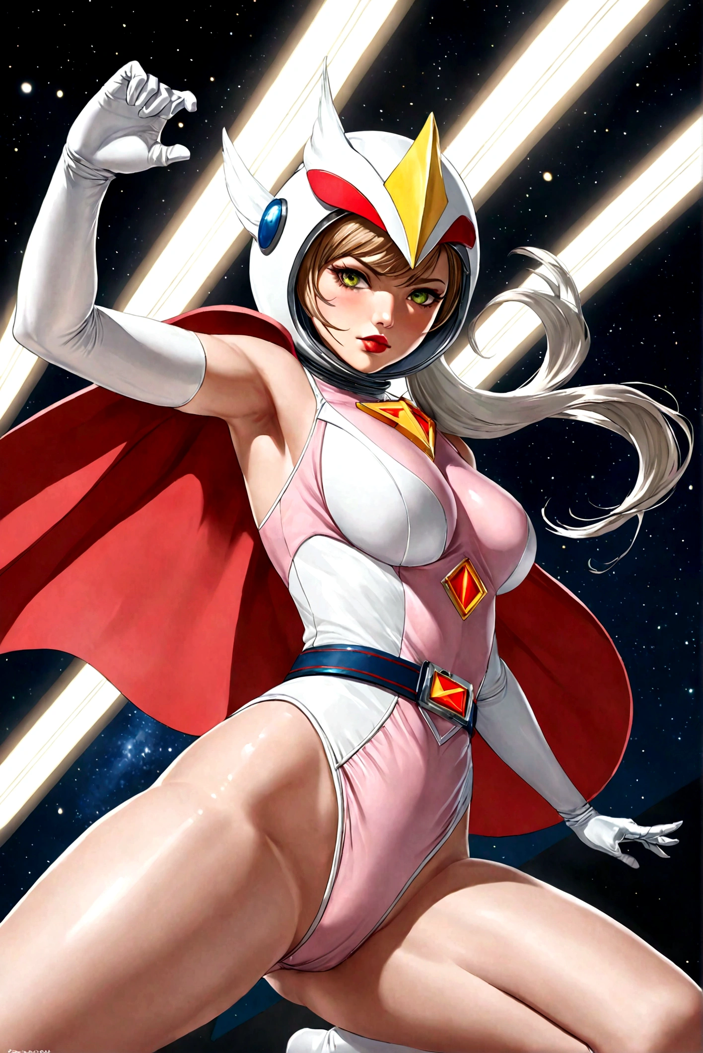 25yo,1girl, Jun The Swan, gatchaman, wearing gatchaman costume, good anatomy, masterpiece, best quality, realistic, hyperrealistic, 16k hdr, long hair, green eyes, lips, large breasts, lipstick, makeup, cape, swan image helmet, hornless, belt, elbow gloves, white gloves, mask, ultra miniskirt, leotard, spacesuit, white legwear, pink dress, superhero, bodysuit,(fighting pose,kicking:1.3),from below,(spread legs:1.1), space ship, hand up,