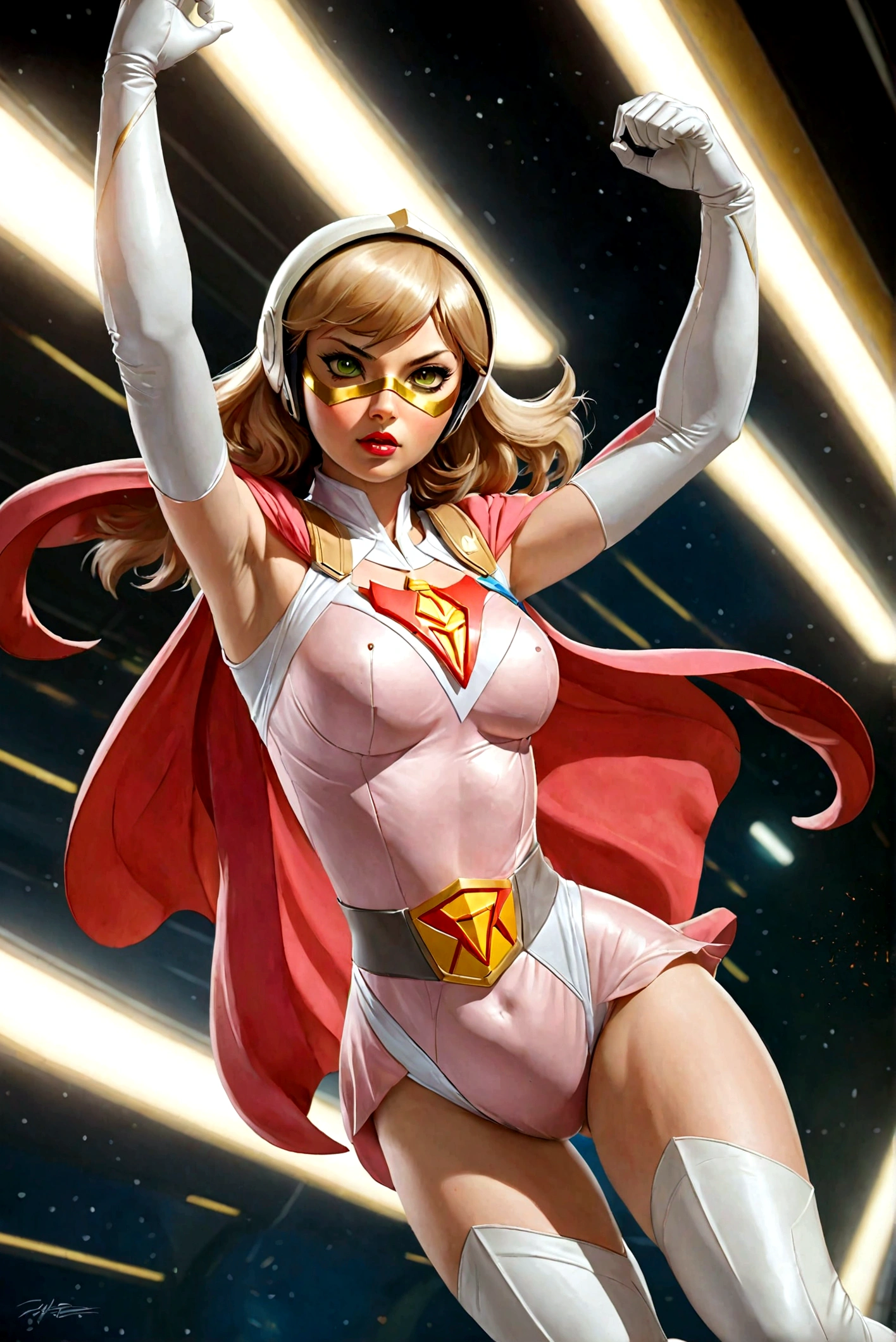 25yo,1girl, Jun The Swan, gatchaman, wearing gatchaman costume, good anatomy, masterpiece, best quality, realistic, hyperrealistic, 16k hdr, long hair, green eyes, lips, large breasts, lipstick, makeup, cape, swan image helmet, hornless, belt, elbow gloves, white gloves, mask, ultra miniskirt, leotard, spacesuit, white legwear, pink dress, superhero, bodysuit,(fighting pose,kicking:1.3),from below,(spread legs:1.1), space ship, hand up,