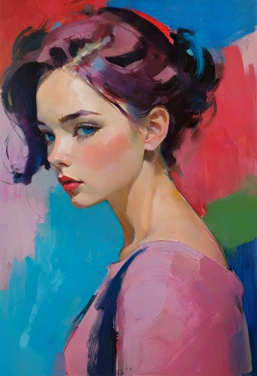 Create a contemporary portrait of a person in the expressive and painterly style of Malcolm Liepke, utilizing a palette of light pink, muted blue, dark grayish blue, bright blue, very dark gray, and light grayish blue. The portrait should feature a close-up of the subject's face with strong, dynamic brushstrokes and a focus on capturing the depth and texture characteristic of Liepke's work. Use light pink and bright blue for the highlights and vibrant areas, while employing muted blue, dark grayish blue, very dark gray, and light grayish blue to create shadows and depth. Ensure the background complements the portrait with subtle variations of the same color palette, evoking a sense of modern elegance and emotional intensity