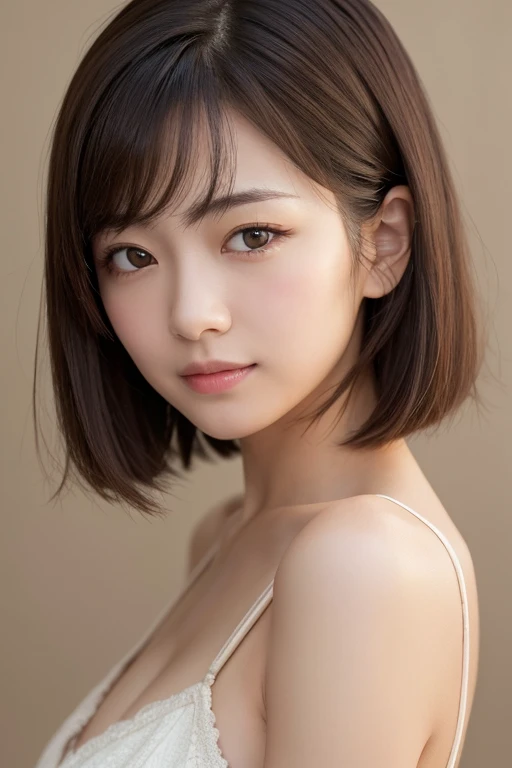 Masterpiece, high quality, high resolution, create a high quality realistic portrait of a skinny 30's Japanese woman shrugging her shoulders shyly. She should have a slight blush on her cheeks and a shy, hesitant look on her face. Her shoulders are slightly raised, and her body language conveys a sense of embarrassment and humility. She has bright brown eyes, brunette hair styled in a short bob, and is completely nude. The background should be neutral and soft to emphasize her facial expressions and poses.