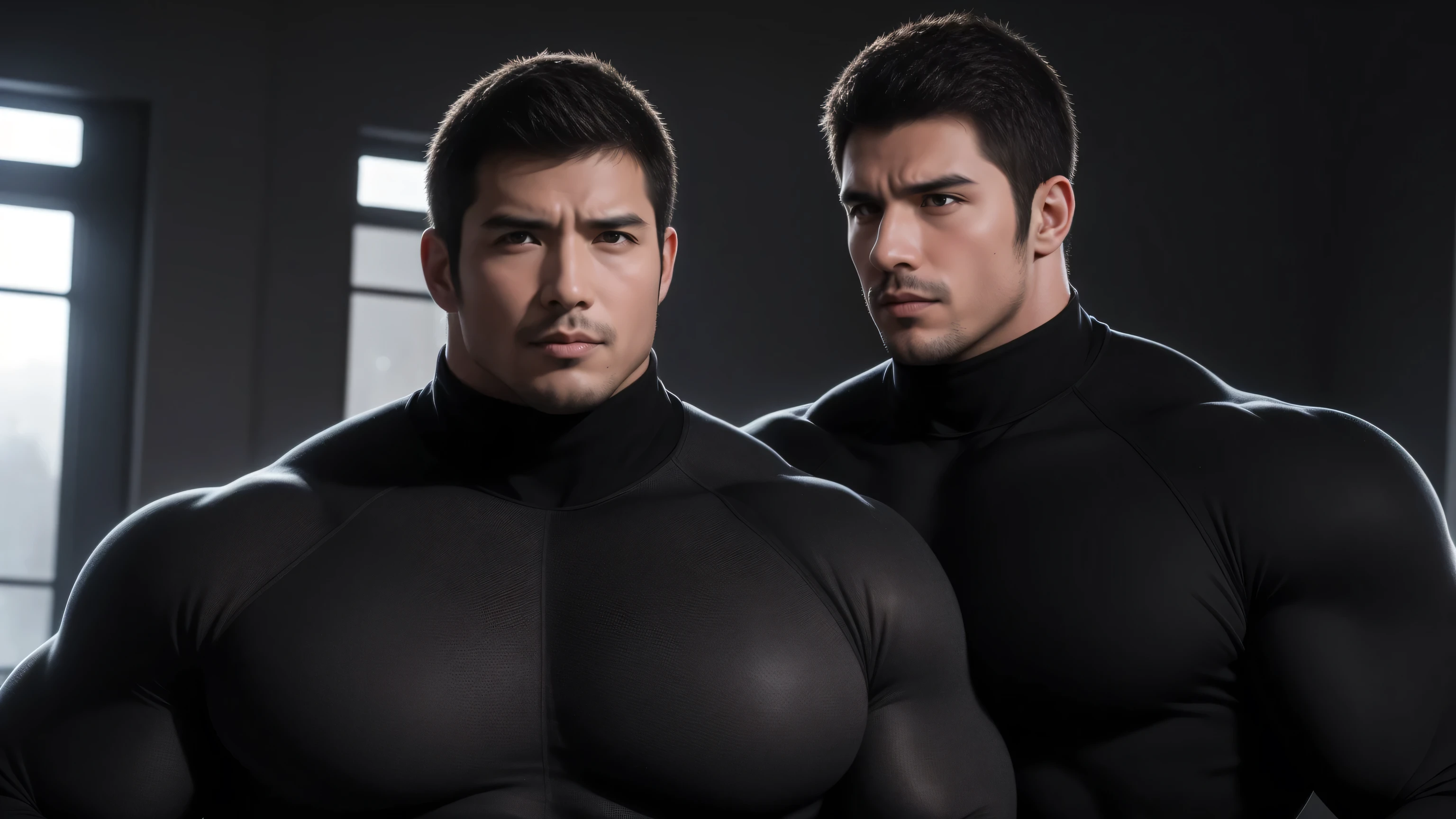 Super muscular man hugging, kissing and caressing,  Hug from behind，Look at each other affectionately，They hugged each other affectionately，Buzz Cut，In a luxurious and noble mansion, Wear a dark khaki turtleneck with long sleeves, Thickened warm elastic texture，They look happy，Open your mouth，The expression is arrogant, Thick thighs, Messy hair, Thick thighs, Turtleneck Long Sleeve Dark Khaki Turtleneck Bodysuit, very tight, Regular symmetrical pattern, Highlight muscles, Police uniform pants, character concept（Resident Evil - Chris Redfield, Chris Redfield）A proud expression, Deep and charming eyes, Heroic male pose, tall Burly, muscular！muscular thighs, tough guy, perfect facial features, High, Burly, Heqiang, Super polished and cool, High Resolution Committee, Charismatic, The sun shines through the customers