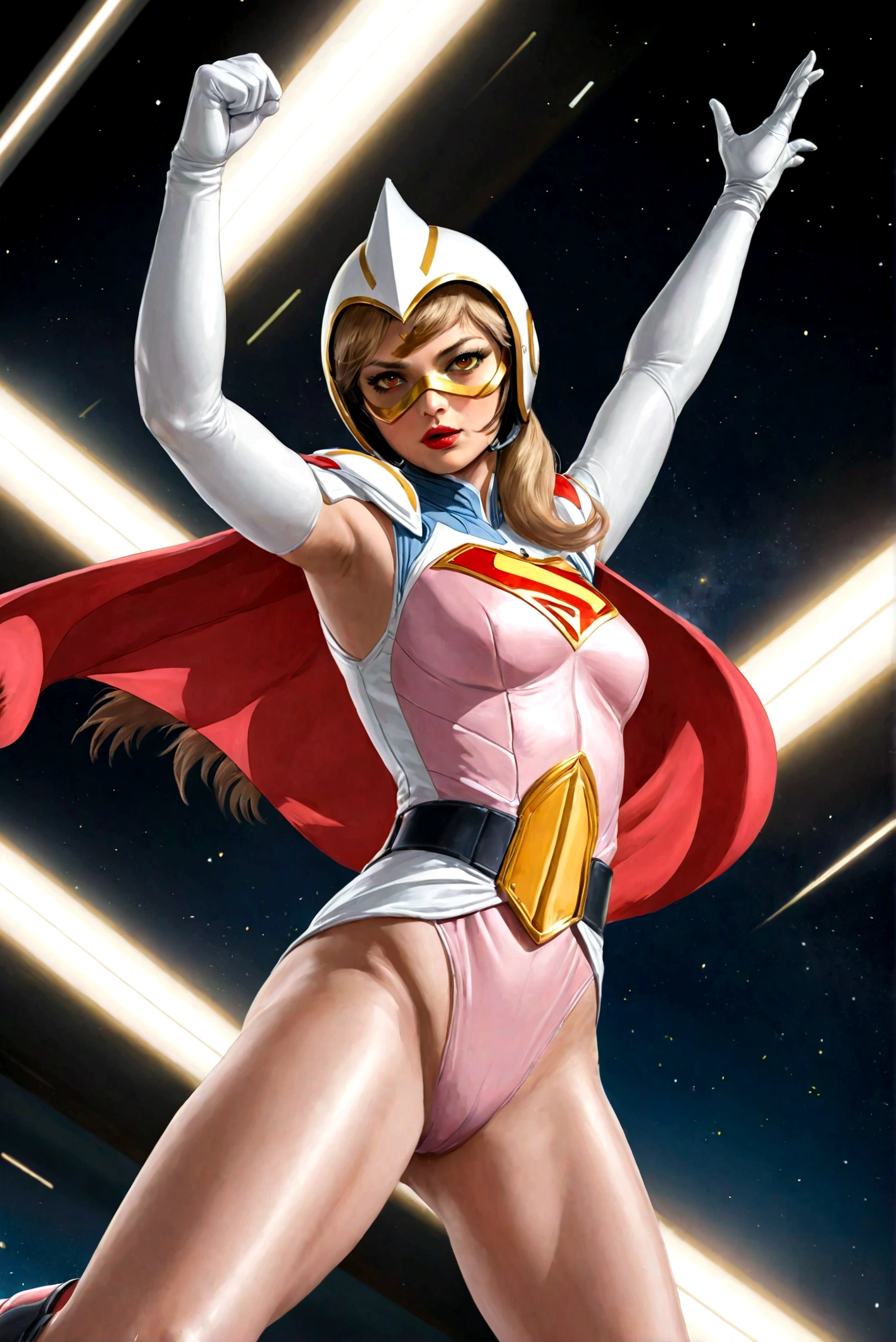25yo,1girl, Jun The Swan, gatchaman, wearing gatchaman costume, good anatomy, masterpiece, best quality, realistic, hyperrealistic, 16k hdr, long hair, green eyes, lips, large breasts, lipstick, makeup, cape, swan image helmet, hornless, belt, elbow gloves, white gloves, mask, ultra miniskirt, leotard, spacesuit, white legwear, pink dress, superhero, bodysuit,(fighting pose,kicking:1.3),from below,(spread legs:1.1), space ship, hand up,