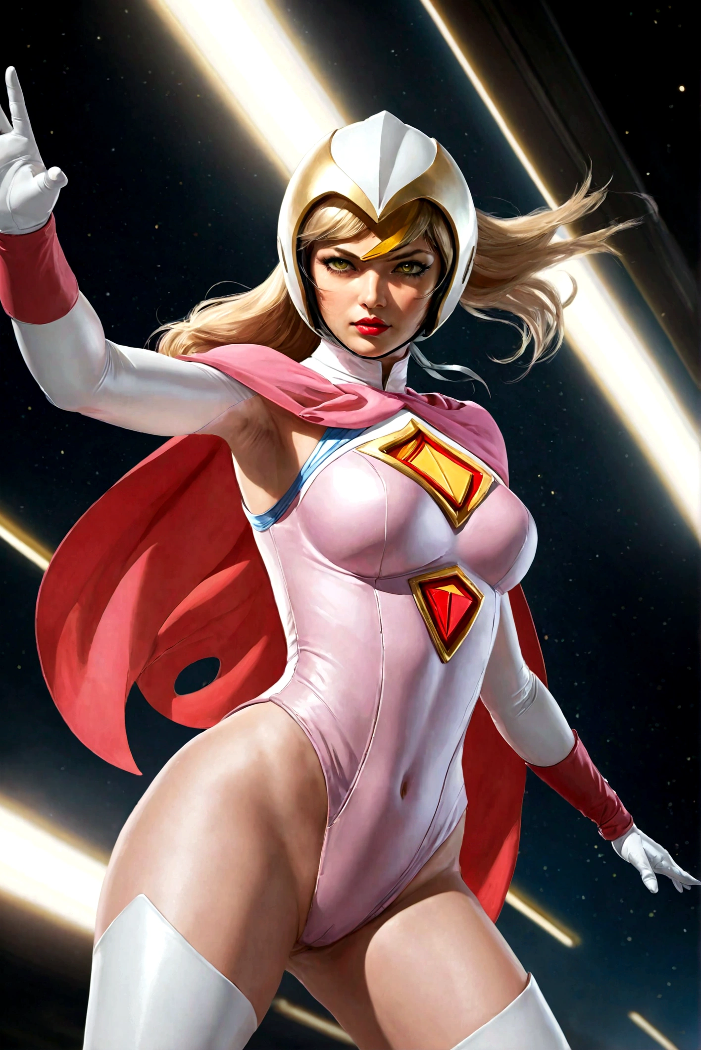25yo,1girl, Jun The Swan, gatchaman, wearing gatchaman costume, good anatomy, masterpiece, best quality, realistic, hyperrealistic, 16k hdr, long hair, green eyes, lips, large breasts, lipstick, makeup, cape, swan image helmet, hornless, belt, elbow gloves, white gloves, mask, ultra miniskirt, leotard, spacesuit, white legwear, pink dress, superhero, bodysuit,(fighting pose,kicking:1.3),from below,(spread legs:1.1), space ship, hand up,