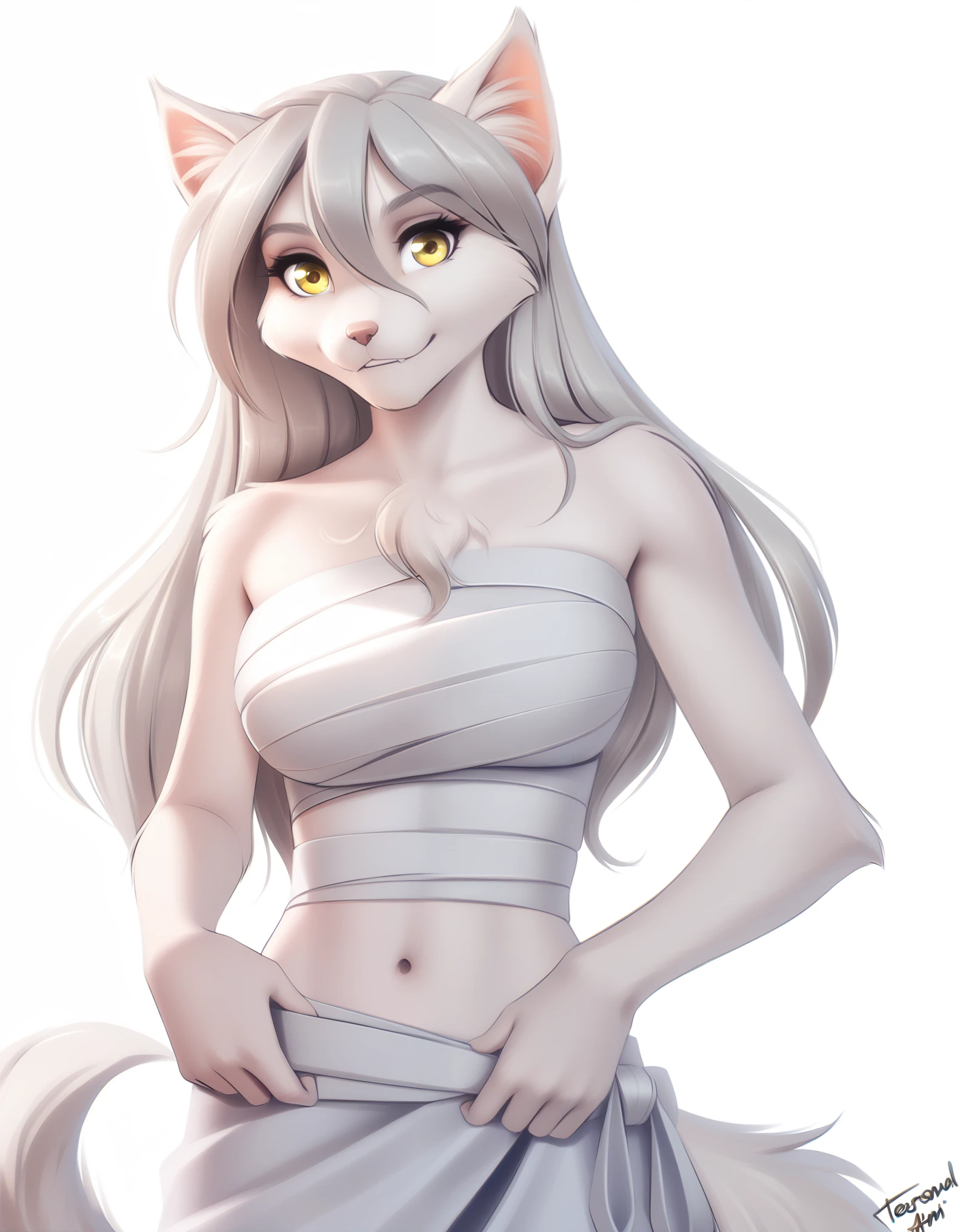 solo, tkraine, wolf, yellow eyes, silver hair, white fur, raine_silverlock, twokinds, personalami, rating:safe, white background, white_background, female, big breasts, chest_wraps, wraps