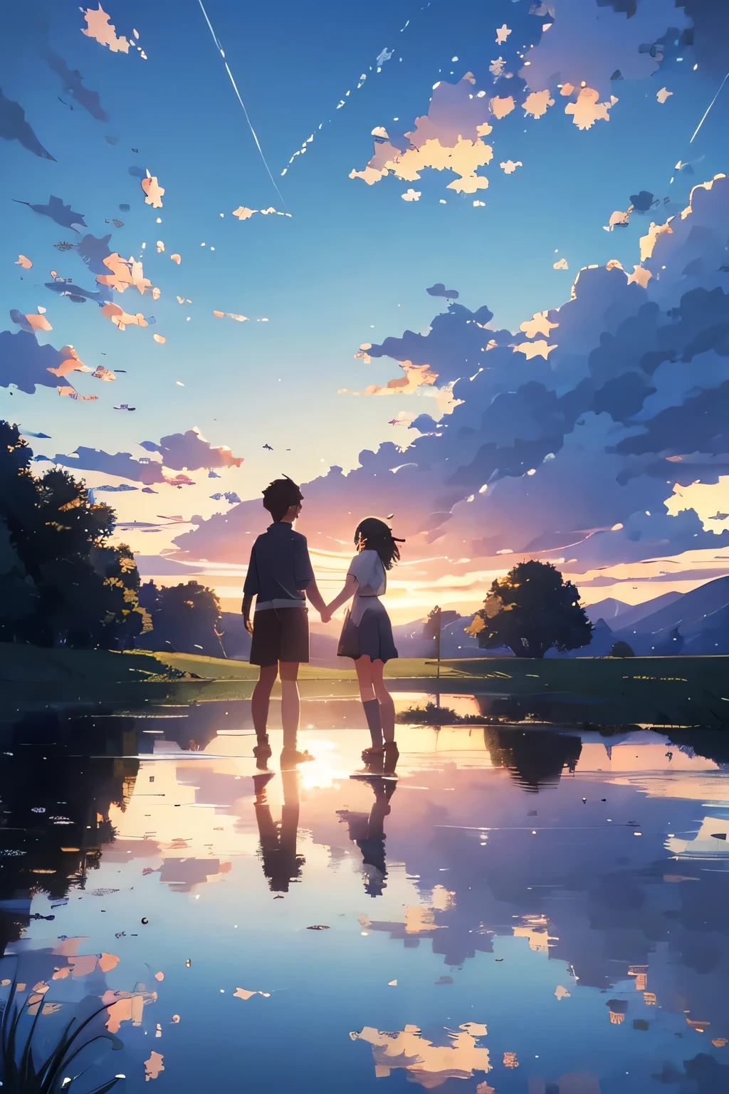 High quality masterpiece,noon,blue sky,countryside,16 years old,Boy and girl holding hands, landscape,Pixiv, Concept Art, Lofi Art style, reflection. by makoto shinkai, Lofi Art, Beautiful anime scene, break Anime landscape, detailed landscape — width 672, in Makoto Shinkai'style, Makoto Shinkai'style, Enhanced detailed, break,detailed,Realistic,Highly detailed digital art in 4K,Octane Rendering, Bioluminescent, break 8K resolution Concept Art, realism,From Mappa Studio,masterpiece,highest quality,Official Art,shape,Clear lines,(Nice_color),Perfect composition,Absurd, Fantasy,concentrate,Three-part method