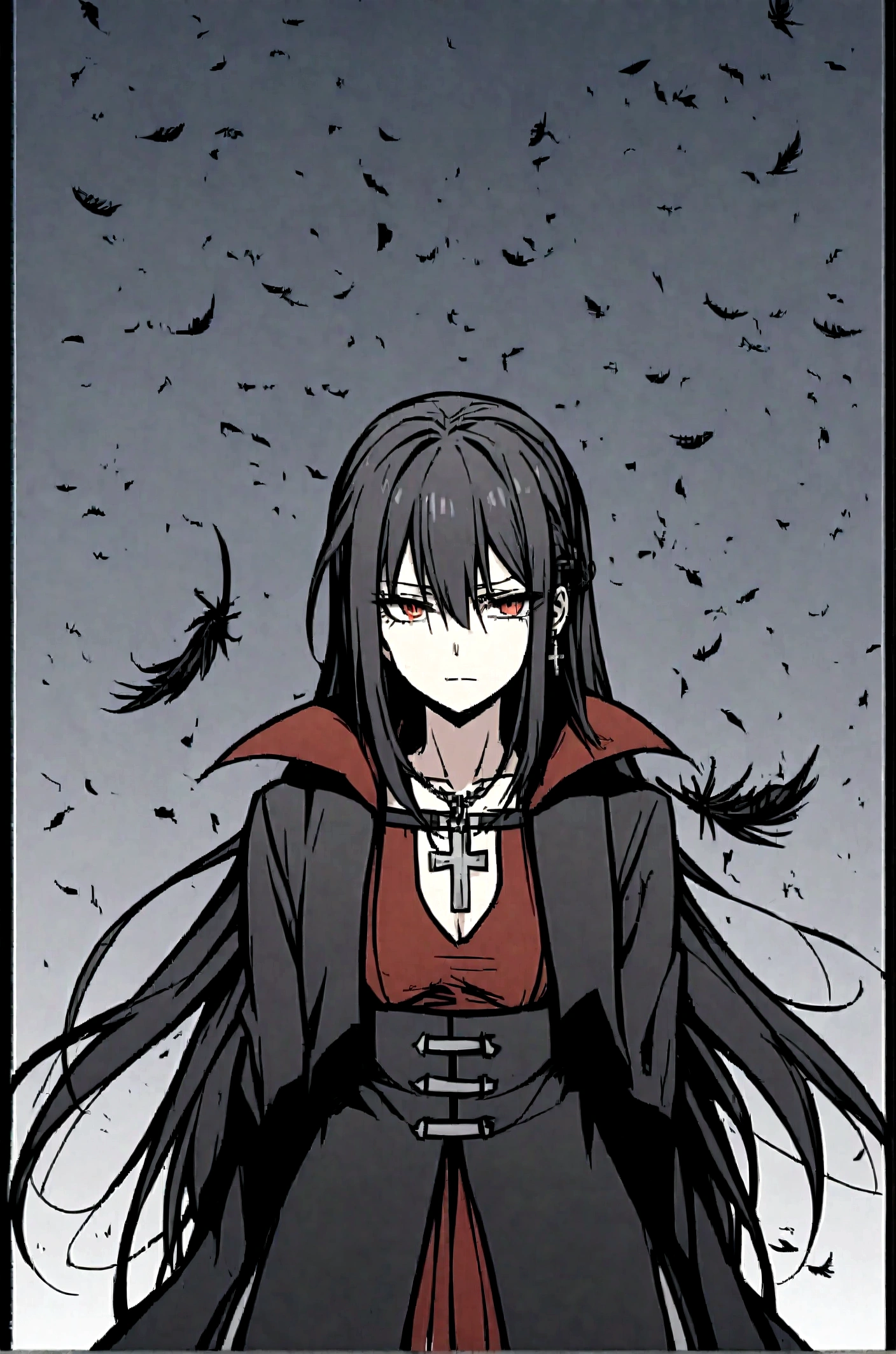 Anime Image Prompt:

Character:

Identity: Vampire
Eyes: Bright red
Clothing: Gothic, with a black overcoat
Accessories: Silver cross-shaped earring on the left ear
Ability: Controlling blood
Position:

Seated
Scenario:

Full of black raven feathers scattered through the air
Detailed Description:

Draw an anime-style vampire with glowing red eyes that exude an otherworldly aura. He wears gothic clothing, highlighted by a long black overcoat that flows around him. In her left ear, there is a silver earring in the shape of a cross that shines discreetly. He sits in a relaxed but imposing manner, controlling blood that floats around him in sinuous shapes. The scenery around you is immersed in a sea of ​​black raven feathers that gently float through the air, creating a mysterious and gloomy atmosphere.

more serious face
add spikier hair and a serrated look
Anime Image Prompt:

Character:

Identity: Vampire
Eyes: Bright red
Clothing: Gothic, with a black overcoat
Accessories: Silver cross-shaped earring on the left ear
Ability: Controlling blood
Position:

Seated
Scenario:

Full of black raven feathers scattered through the air
Detailed Description:

Draw an anime-style vampire with glowing red eyes that exude an otherworldly aura. He wears gothic clothing, highlighted by a long black overcoat that flows around him. In her left ear, there is a silver earring in the shape of a cross that shines discreetly. He sits in a relaxed but imposing manner, controlling blood that floats around him in sinuous shapes. The scenery around you is immersed in a sea of ​​black raven feathers that gently float through the air, creating a mysterious and gloomy atmosphere.