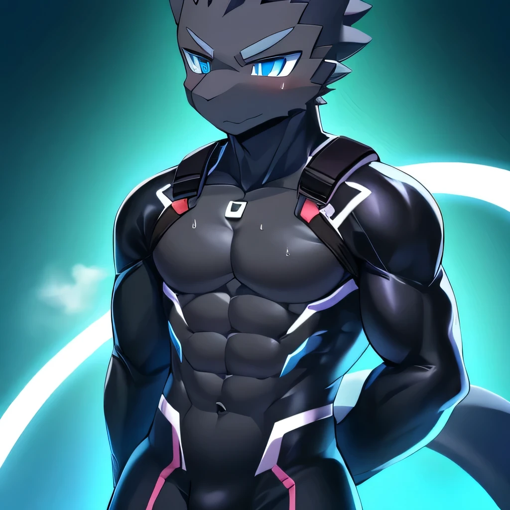 Thin macho western black dragon abs Hollow abs body suit thick arms chest rig 、sweaty skin glow profile Wearily short of breath Chemo shota
have a blue eyes Tired look Glowing abs Deep abdominals jacket