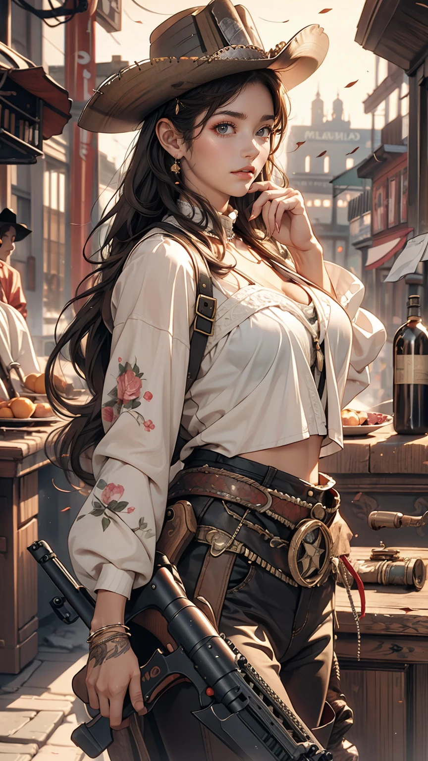 (8K, RAW photos, best quality, masterpiece:1.2), (realistic, photo-realistic:1.3)、26 year old Japanese woman、hair is gray、Eye color is dark blue, high definition face, rich, long wavy hair、My chest sticks out、huge breasts, Sagging breasts due to gravity,Amazing descriptive art,(A work of art depicted precisely in every detail.:1.5),(wild west:1.8), (one female gunman:1.7),confident smile:1.5,Beautiful, well-groomed face:1.6, gun pointing at viewer:1.8